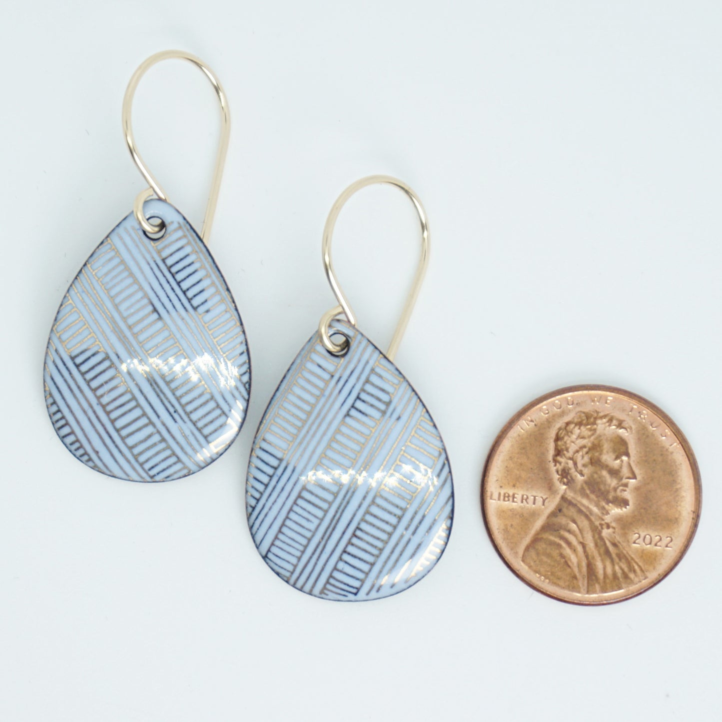 Gold Accents on Light Periwinkle Enamel Teardrop Earrings
