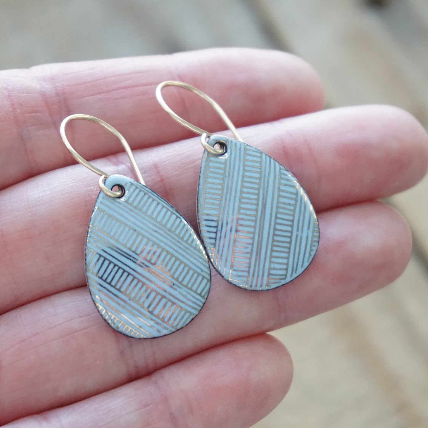 Gold Accents on Light Periwinkle Enamel Teardrop Earrings