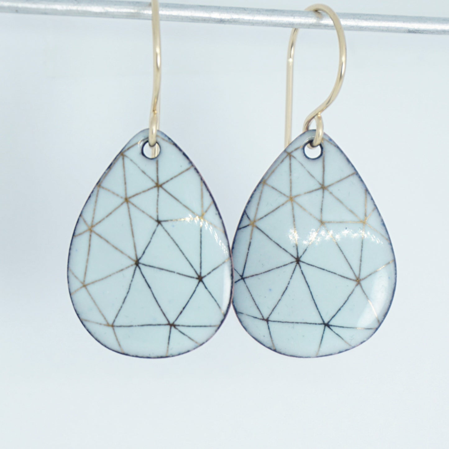 Gold Geometric Accents on Light Seafoam Green Enamel Teardrop Earrings