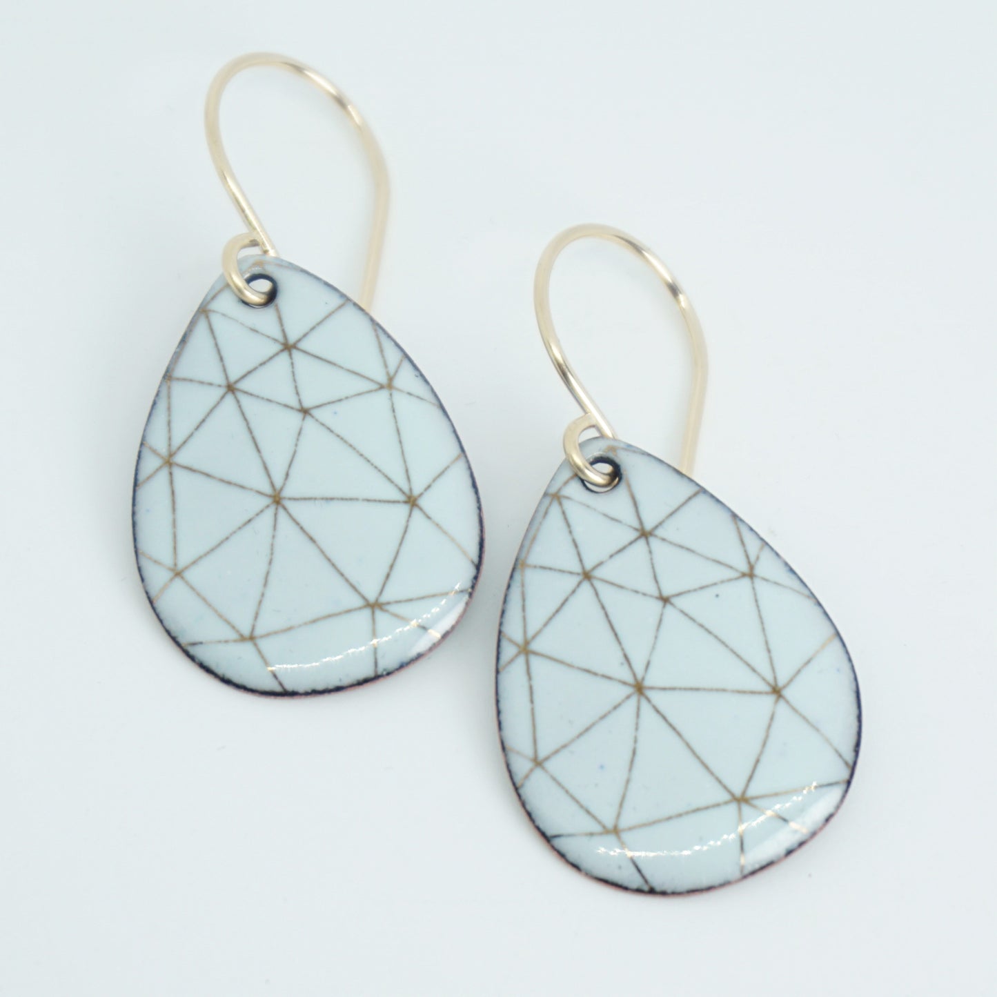 Gold Geometric Accents on Light Seafoam Green Enamel Teardrop Earrings