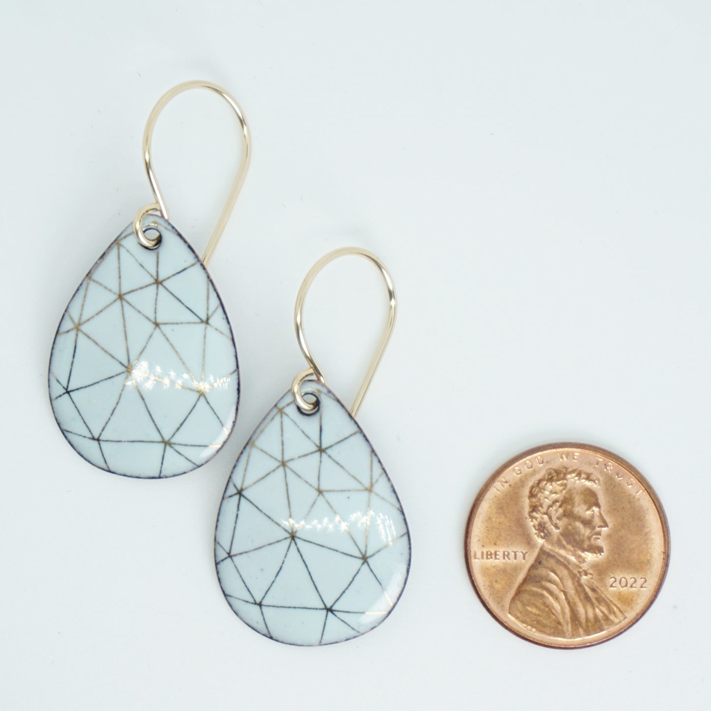 Gold Geometric Accents on Light Seafoam Green Enamel Teardrop Earrings