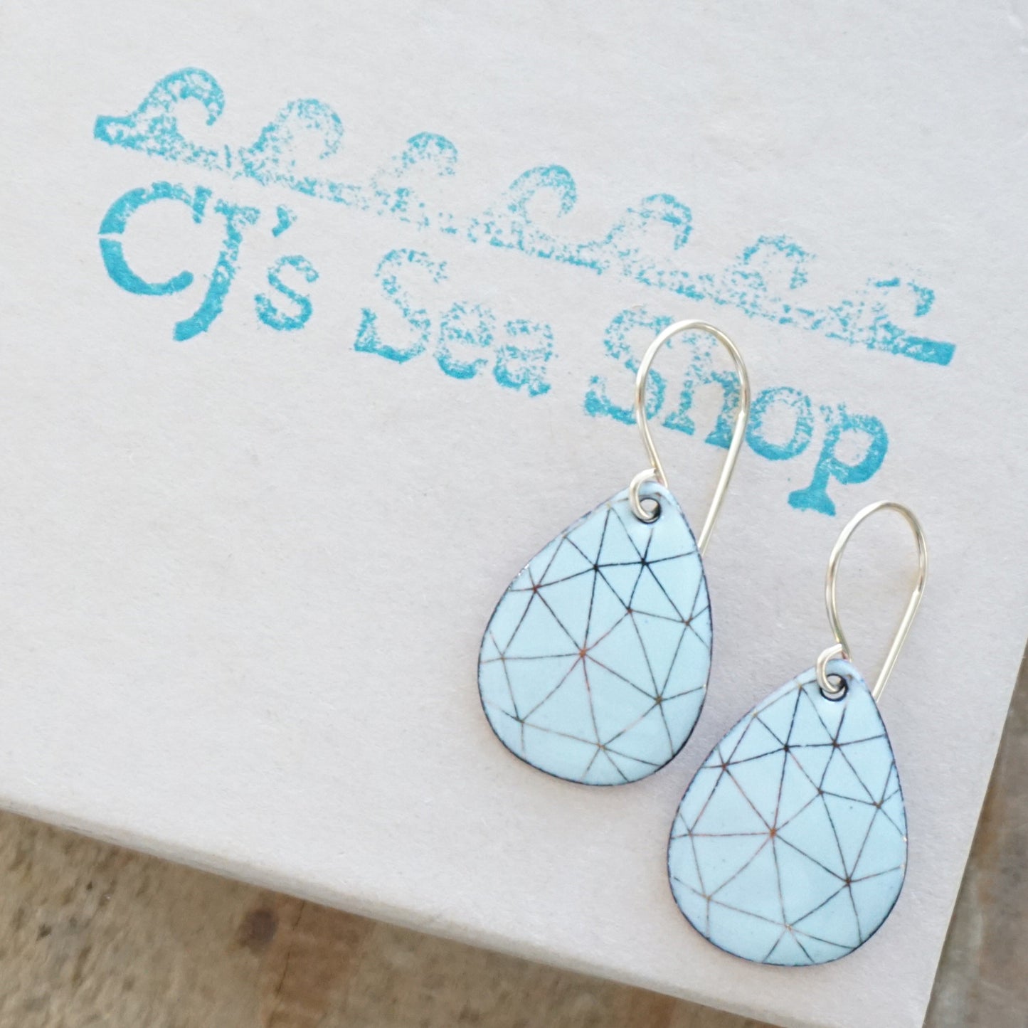Gold Geometric Accents on Light Seafoam Green Enamel Teardrop Earrings