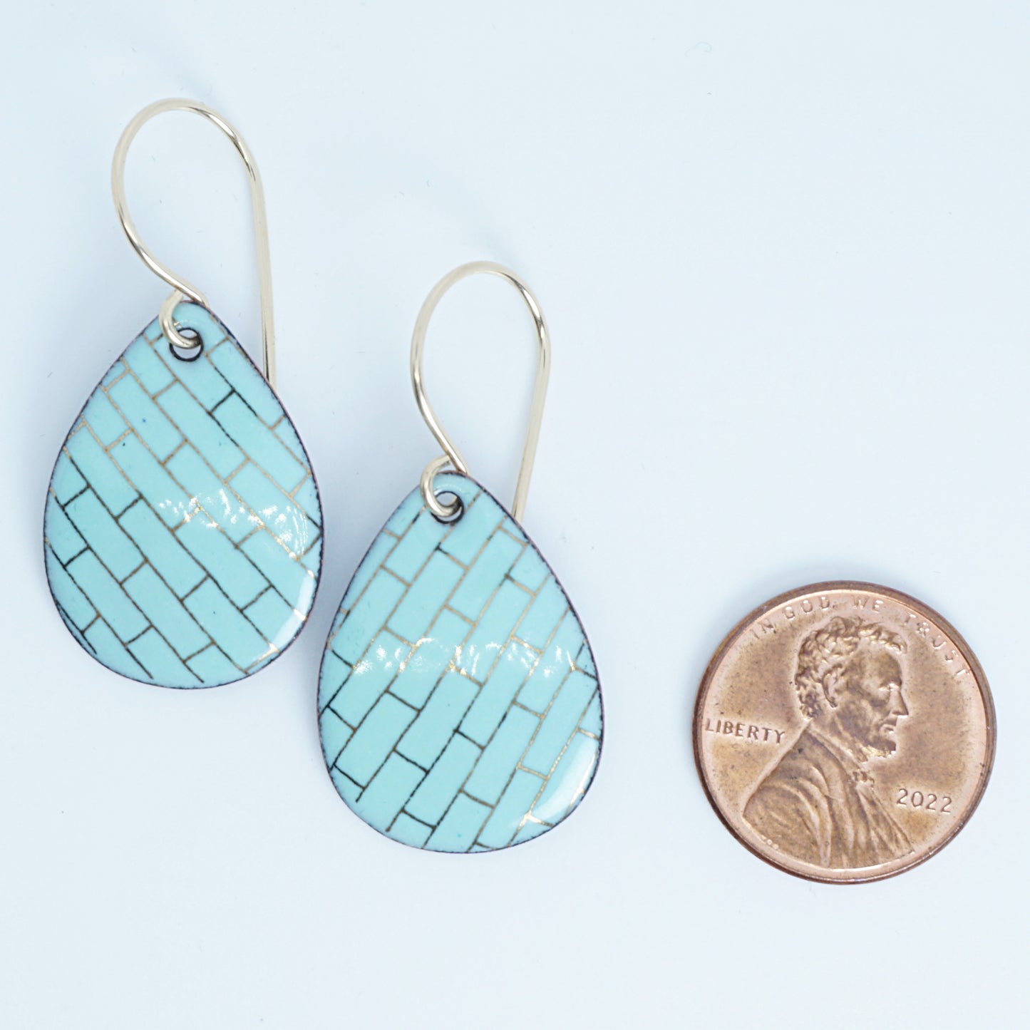 Gold Accents on Seafoam Green Enamel Teardrop Earrings