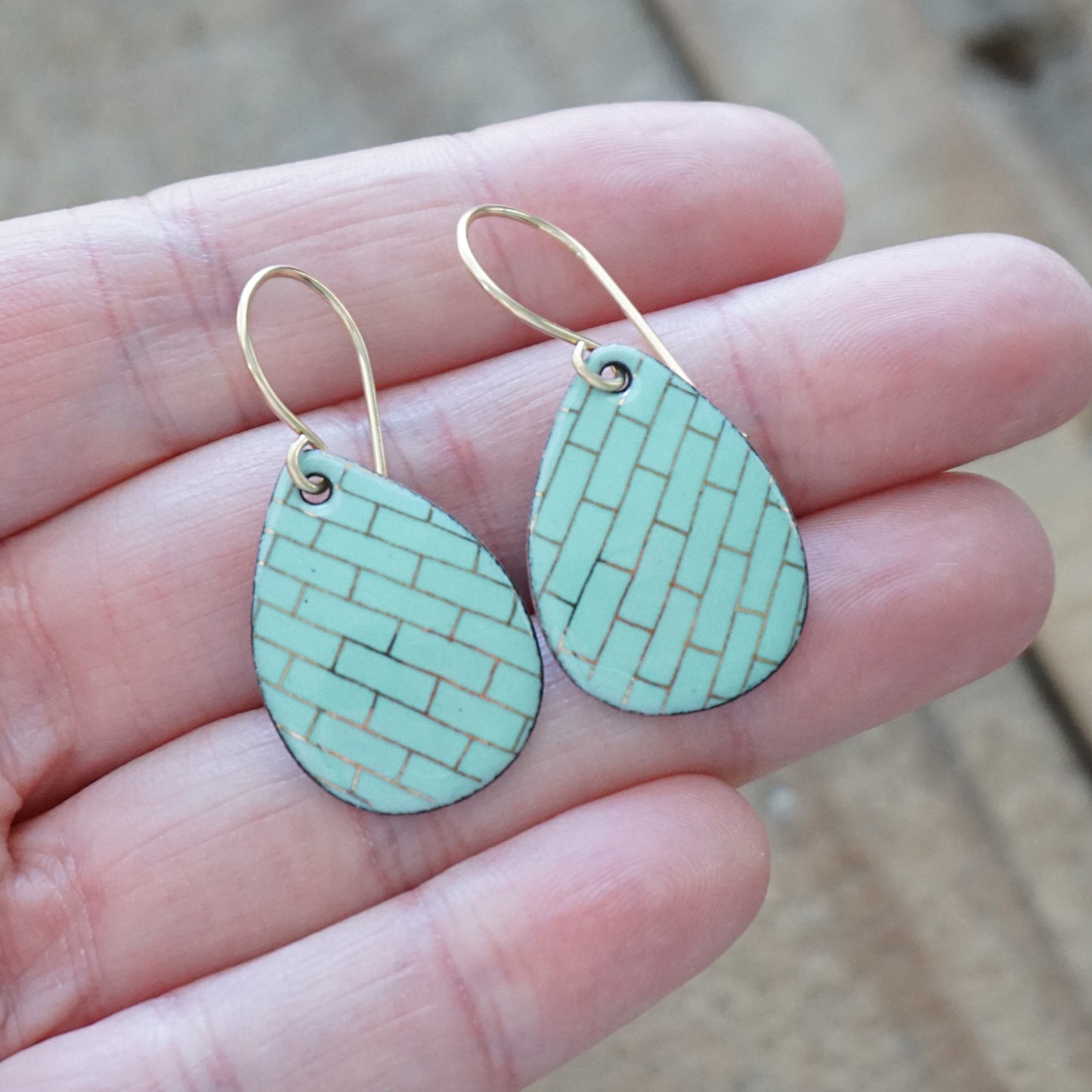 Gold Accents on Seafoam Green Enamel Teardrop Earrings