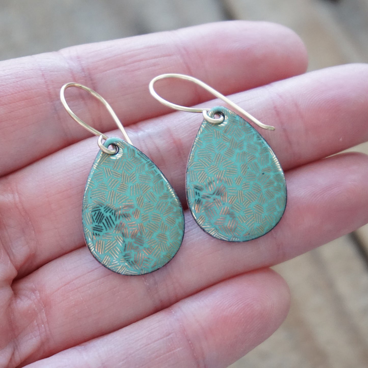 Gold Accents on Green Enamel Teardrop Earrings