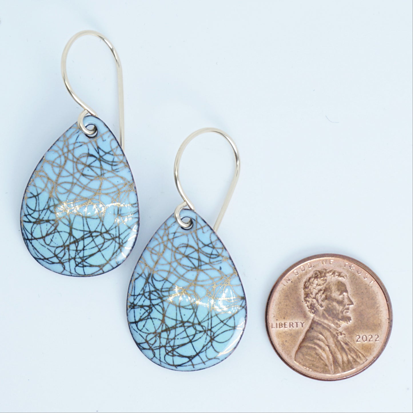 Gold Accents on Light Blue Enamel Teardrop Earrings