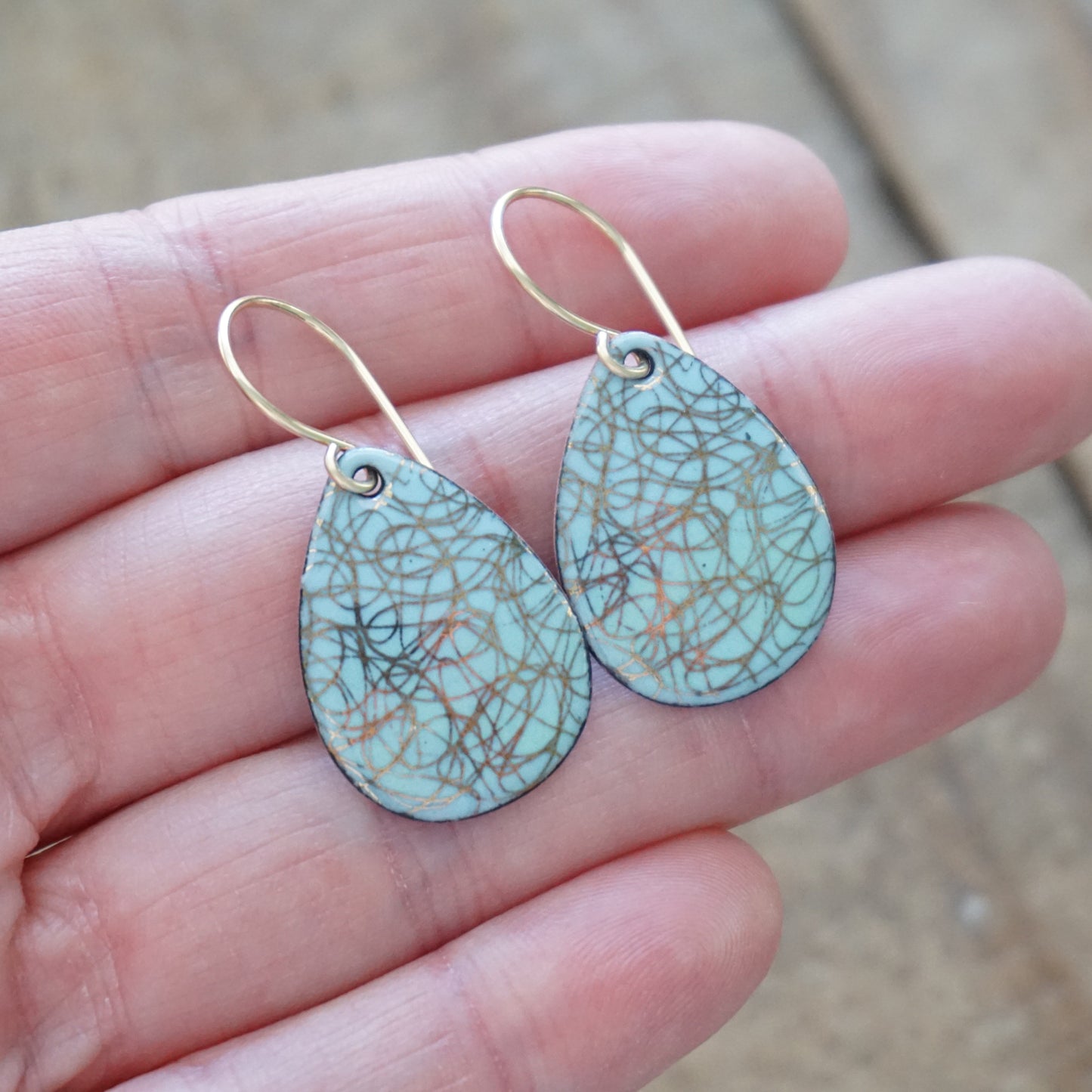 Gold Accents on Light Blue Enamel Teardrop Earrings