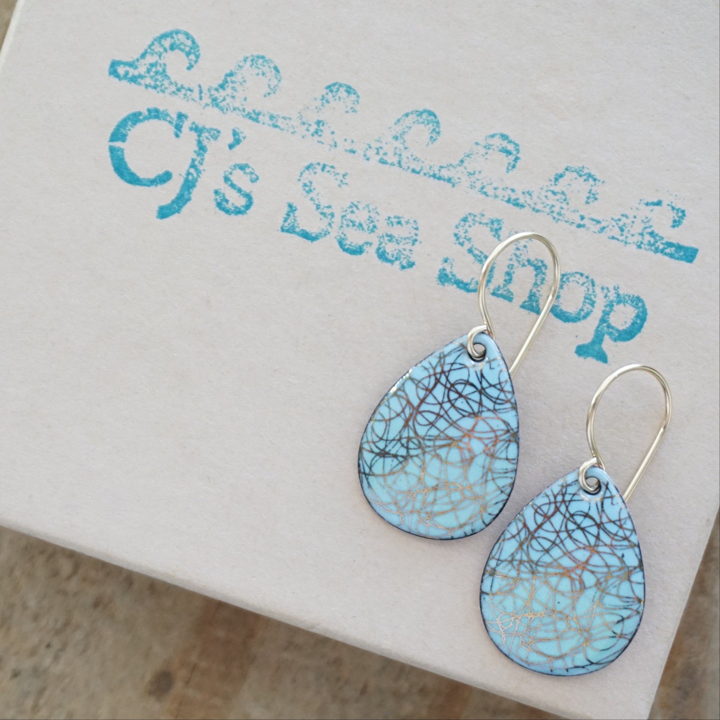 Gold Accents on Light Blue Enamel Teardrop Earrings