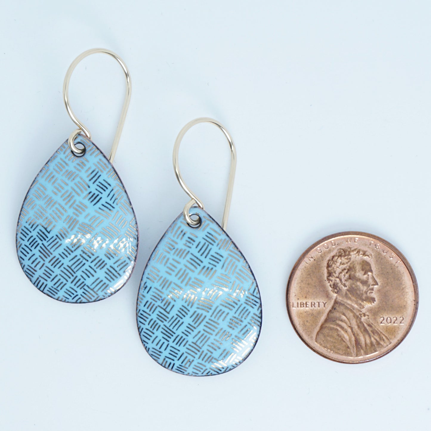 Gold Accents on Light Blue Enamel Teardrop Earrings