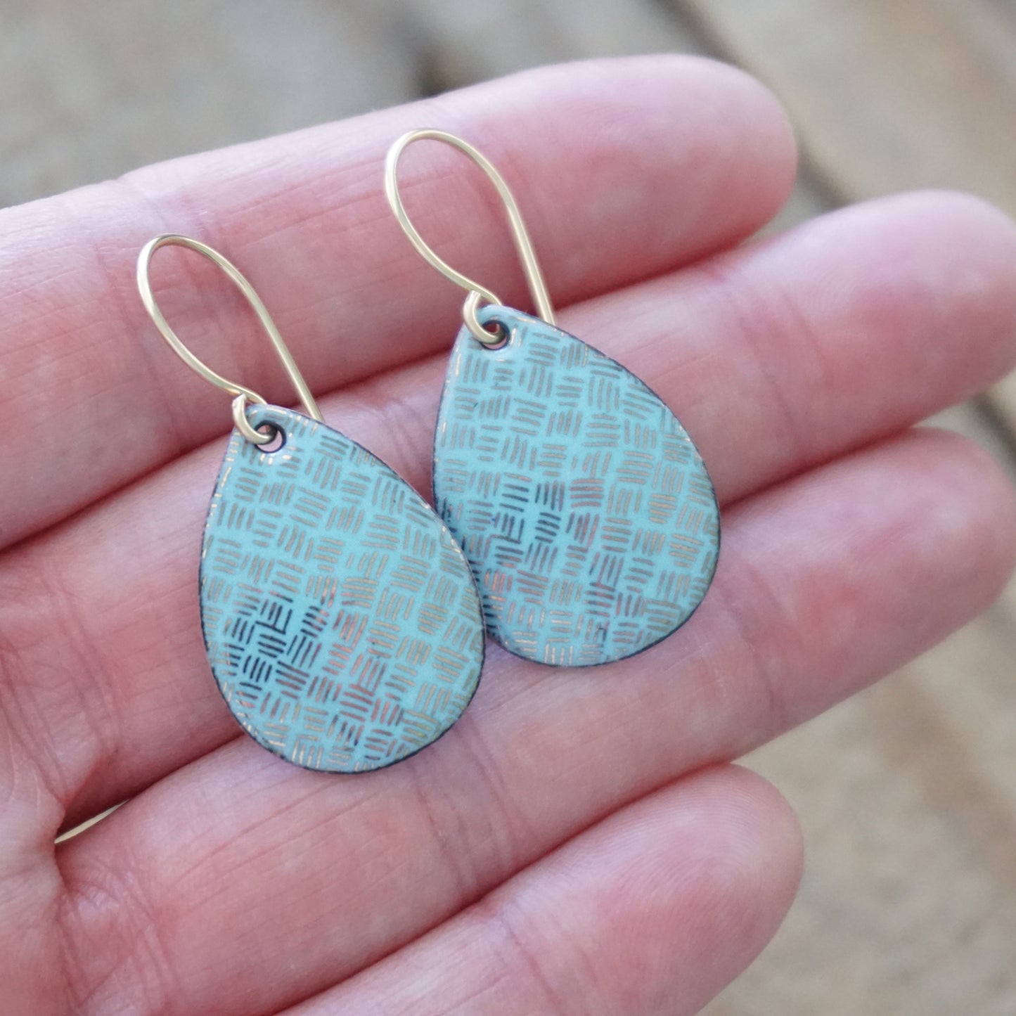 Gold Accents on Light Blue Enamel Teardrop Earrings