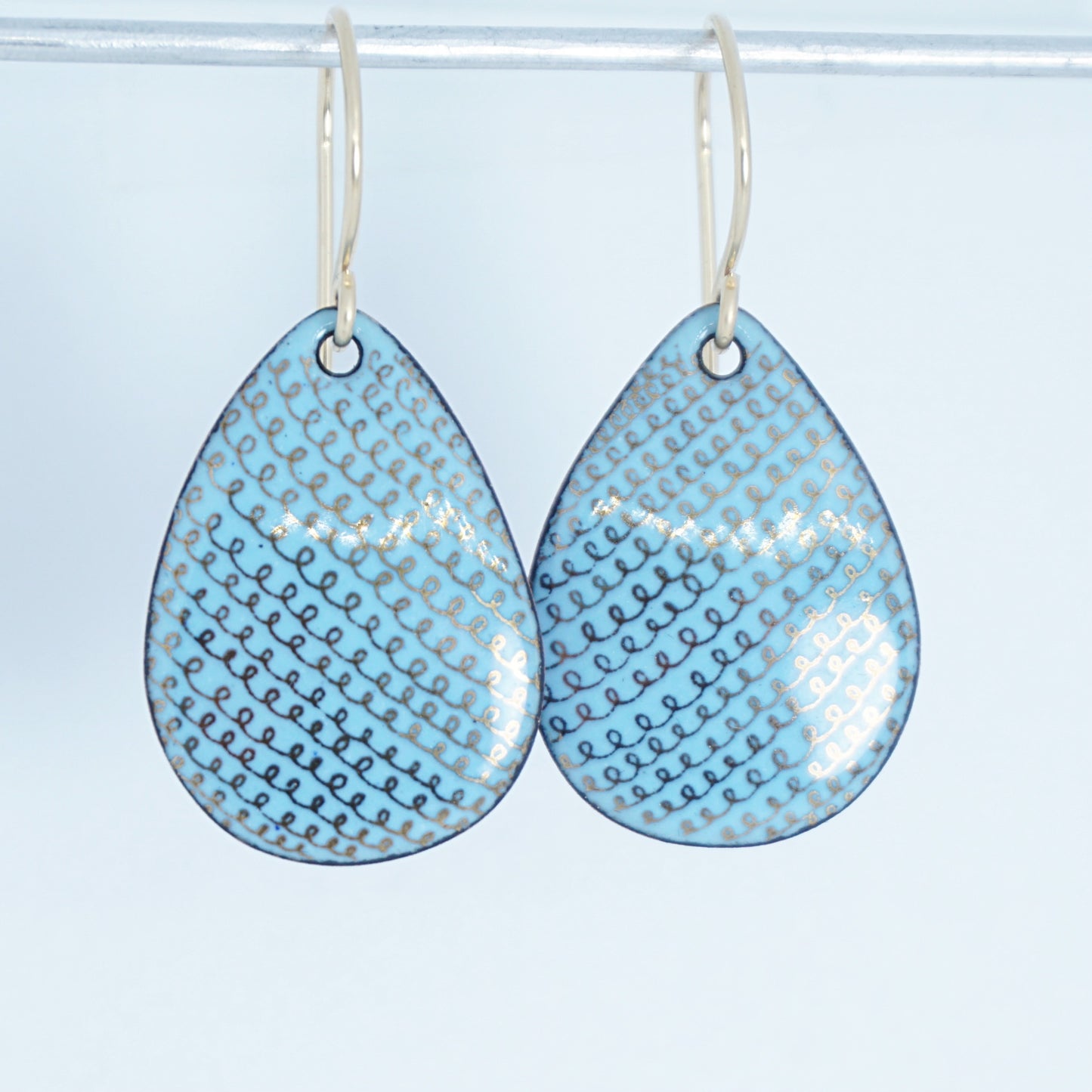 Gold Accents on Light Blue Enamel Teardrop Earrings