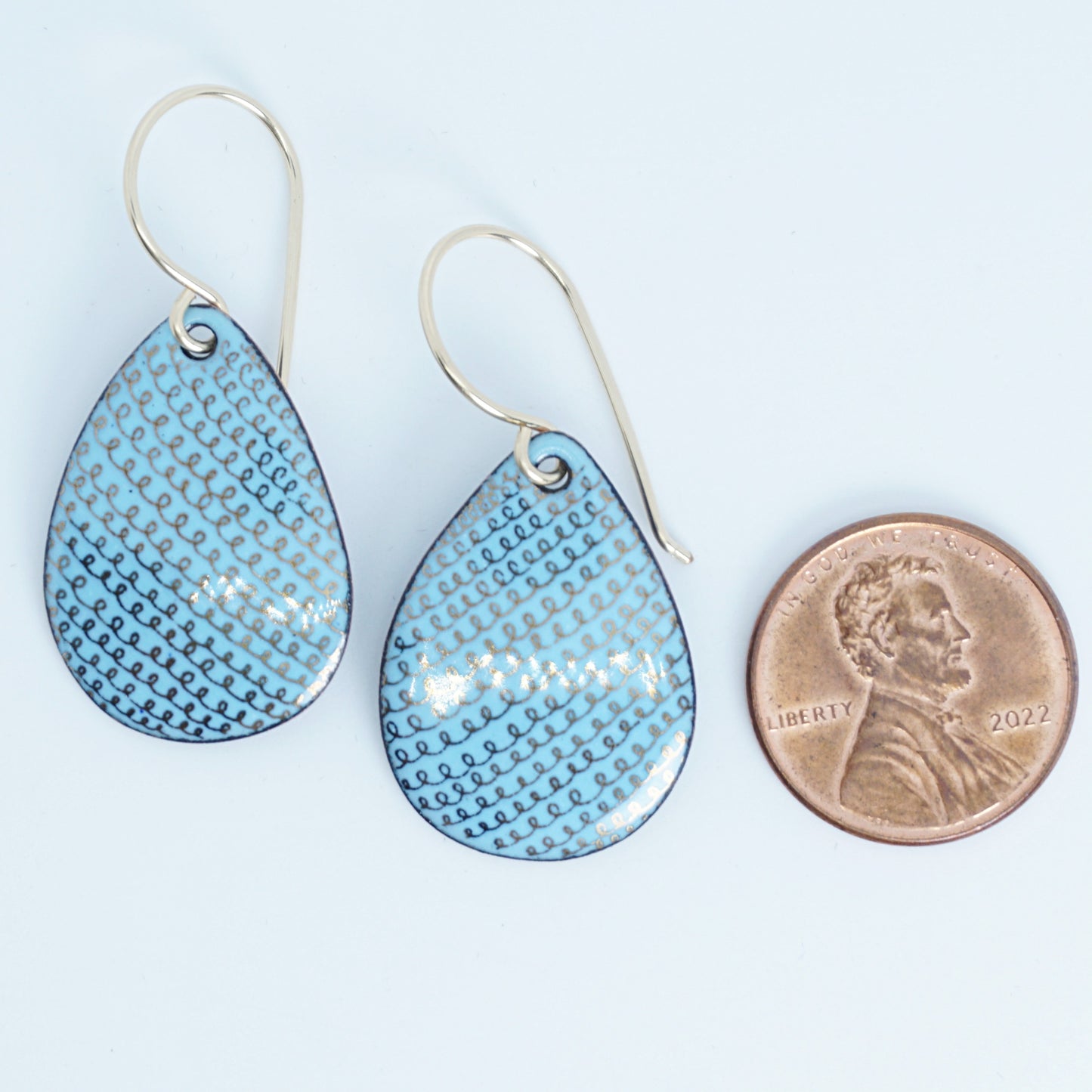 Gold Accents on Light Blue Enamel Teardrop Earrings