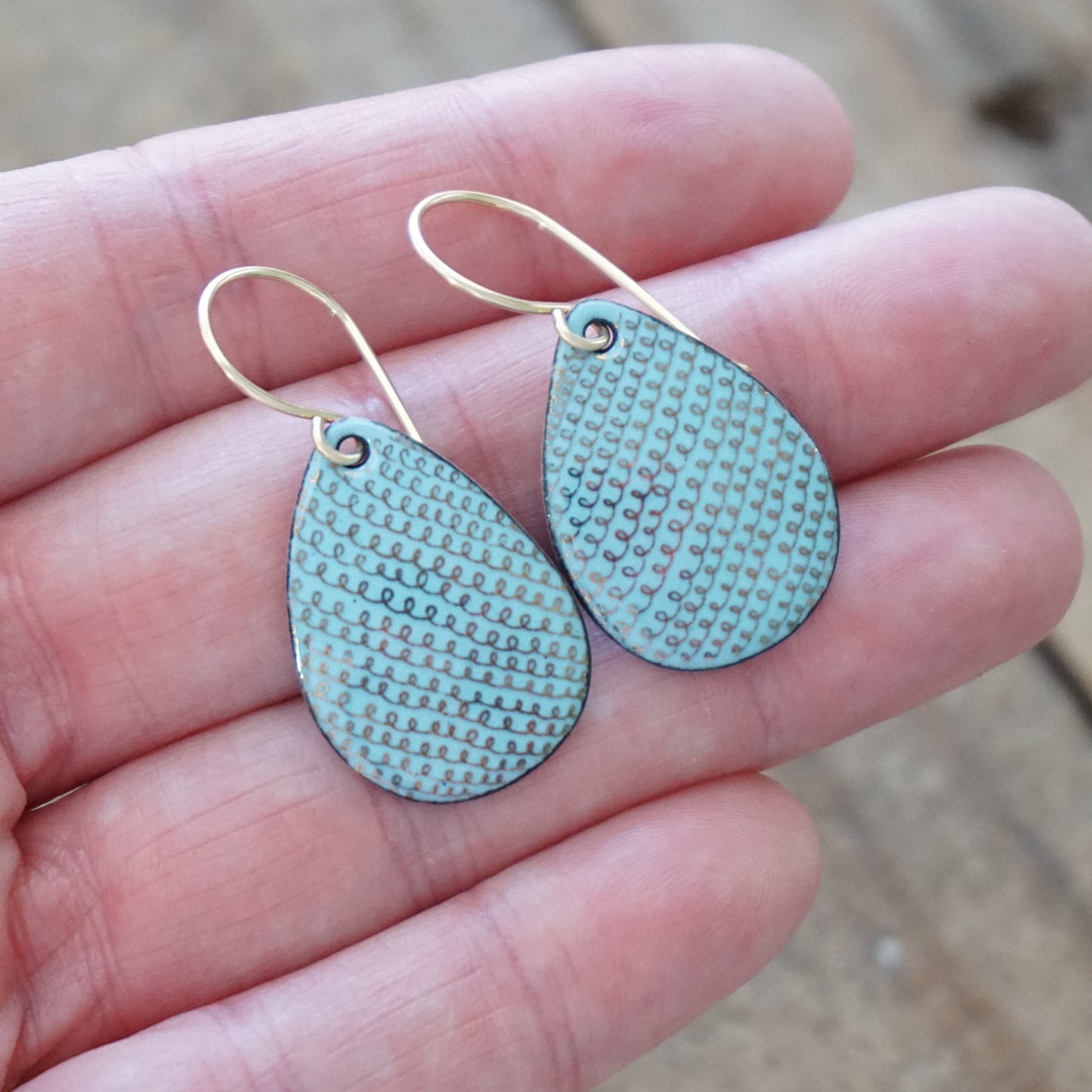 Gold Accents on Light Blue Enamel Teardrop Earrings