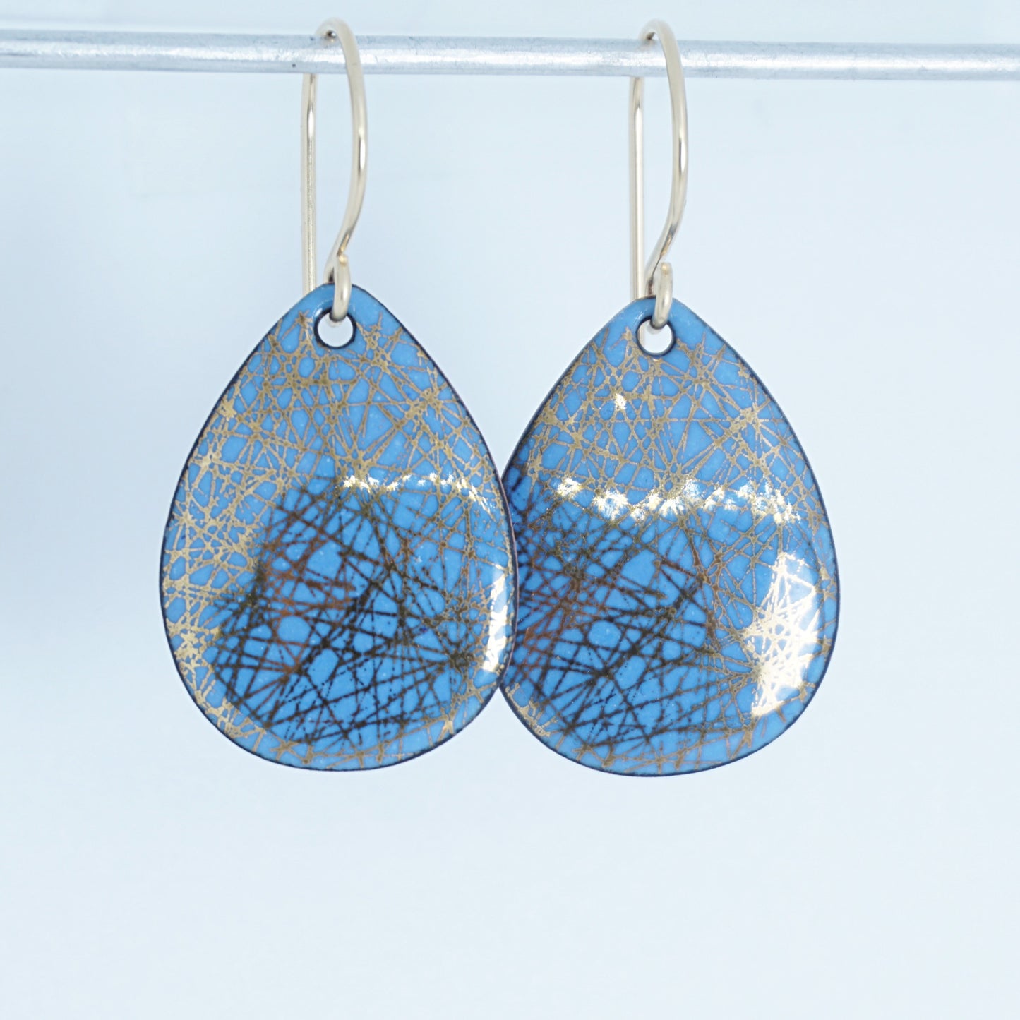 Gold Accents on Blue Enamel Teardrop Earrings