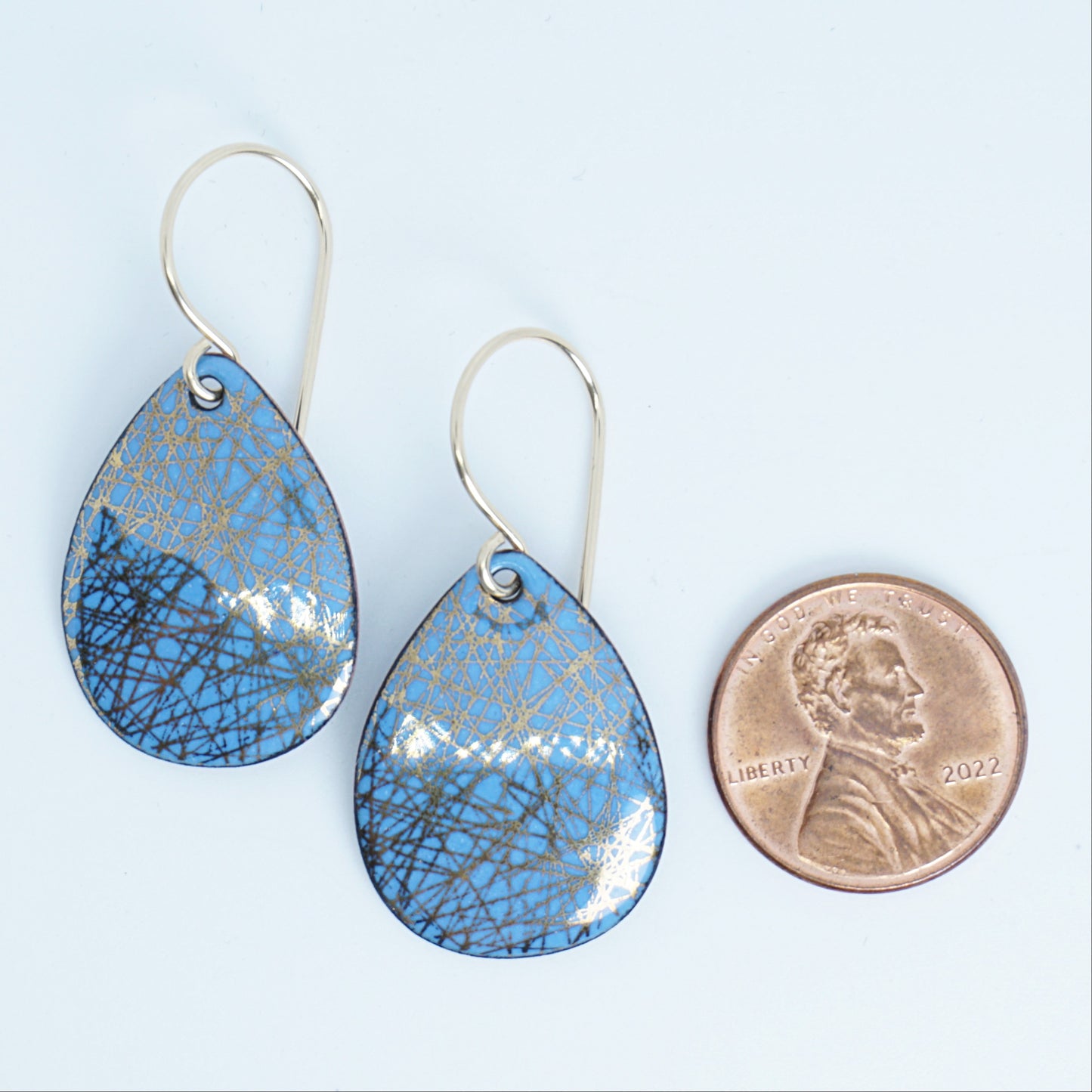 Gold Accents on Blue Enamel Teardrop Earrings