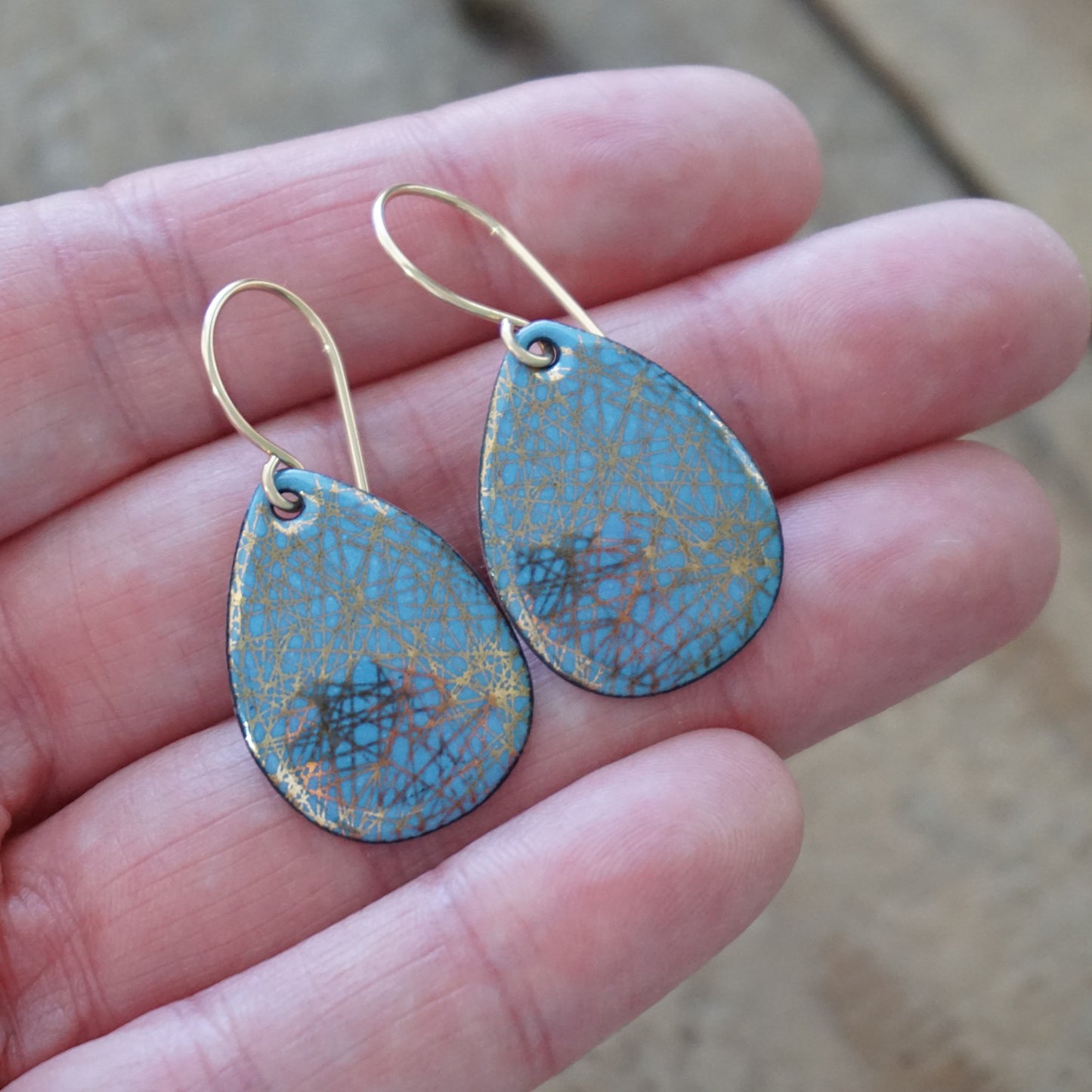 Gold Accents on Blue Enamel Teardrop Earrings