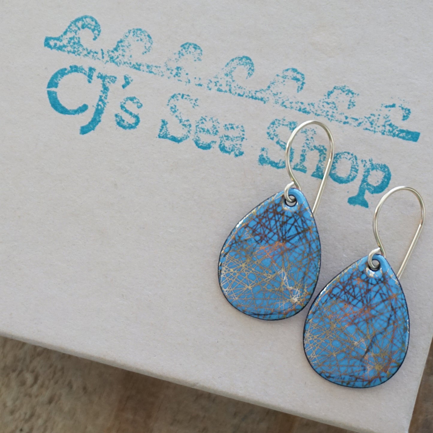 Gold Accents on Blue Enamel Teardrop Earrings