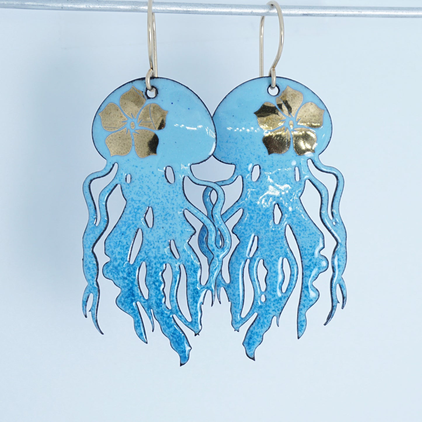 Gold Flower on Light Blue Ombre Enamel Jellyfish Statement Earrings