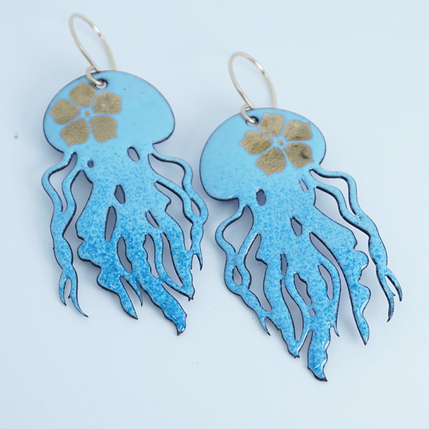 Gold Flower on Light Blue Ombre Enamel Jellyfish Statement Earrings
