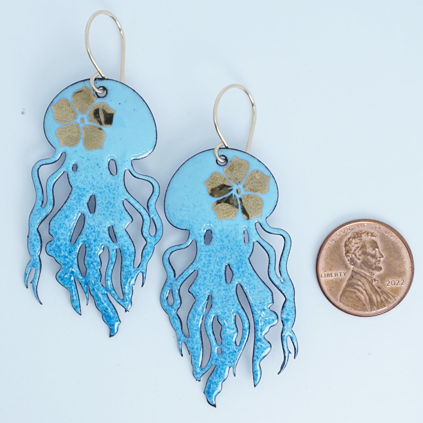 Gold Flower on Light Blue Ombre Enamel Jellyfish Statement Earrings