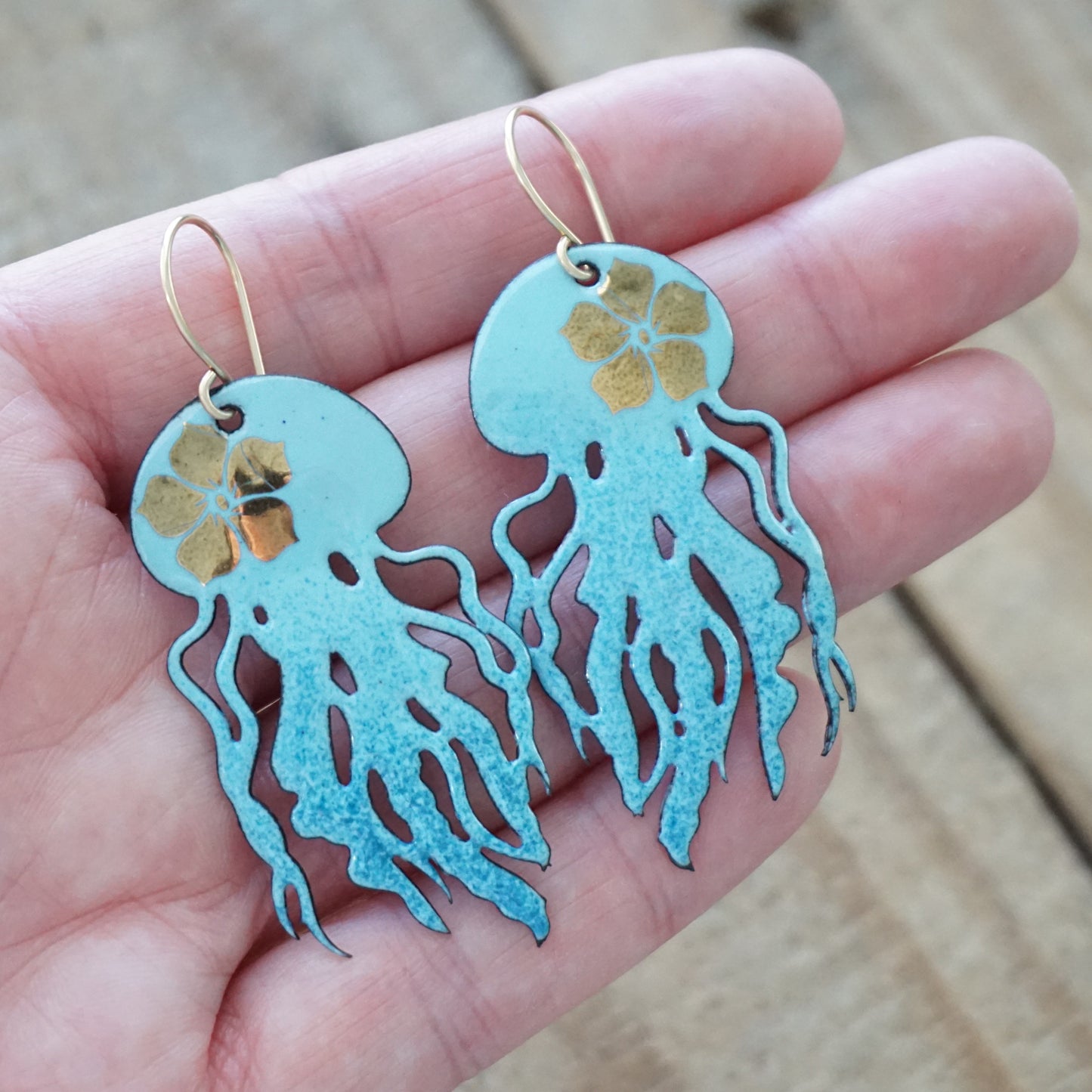 Gold Flower on Light Blue Ombre Enamel Jellyfish Statement Earrings