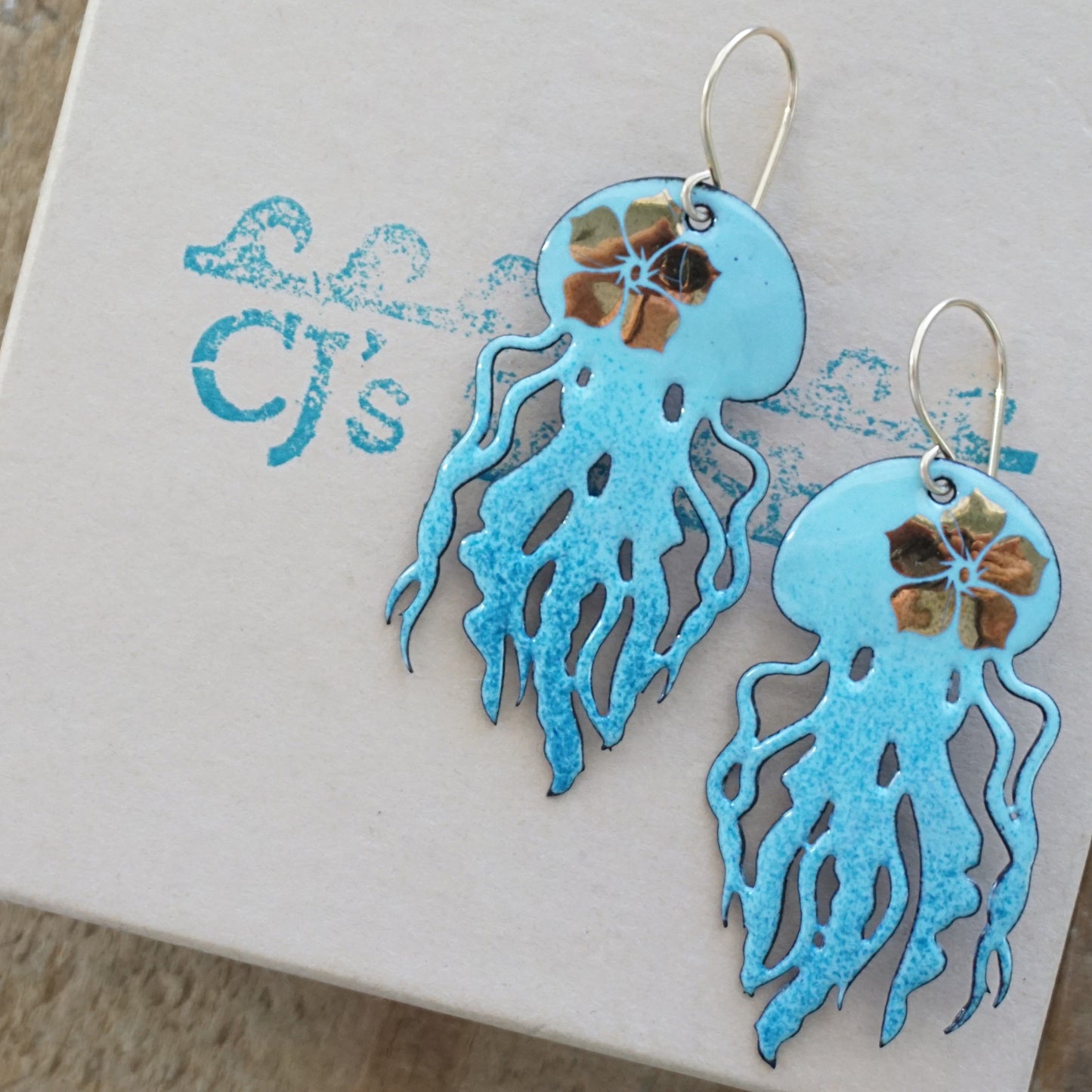 Gold Flower on Light Blue Ombre Enamel Jellyfish Statement Earrings