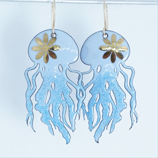 Gold Flower on Light Periwinkle Ombre Enamel Jellyfish Statement Earrings