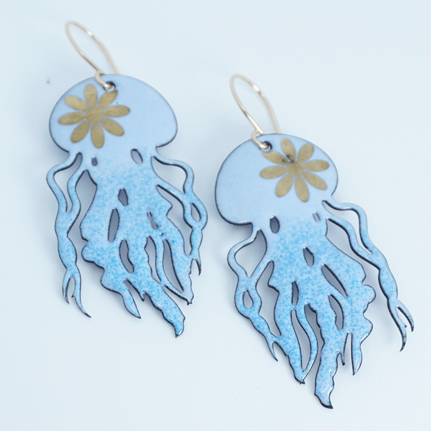 Gold Flower on Light Periwinkle Ombre Enamel Jellyfish Statement Earrings