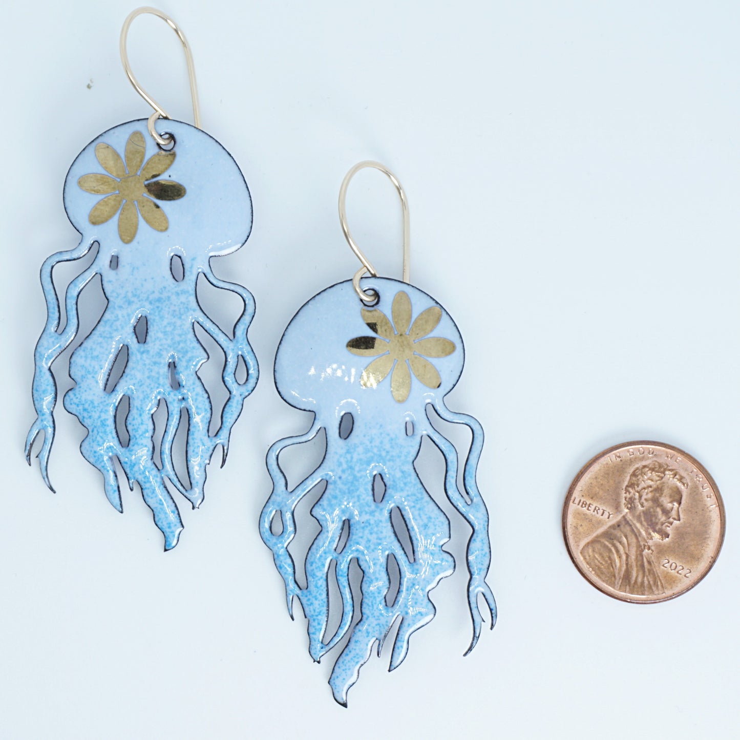 Gold Flower on Light Periwinkle Ombre Enamel Jellyfish Statement Earrings