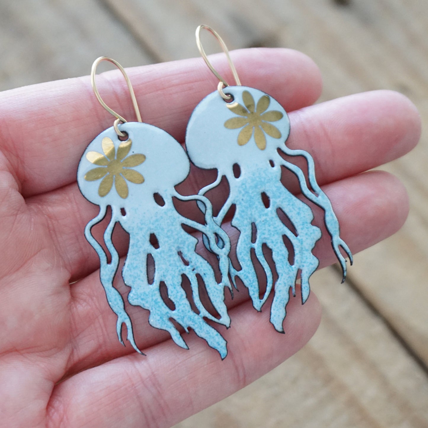 Gold Flower on Light Periwinkle Ombre Enamel Jellyfish Statement Earrings