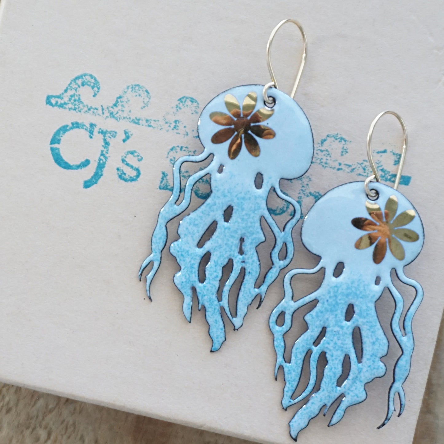 Gold Flower on Light Periwinkle Ombre Enamel Jellyfish Statement Earrings