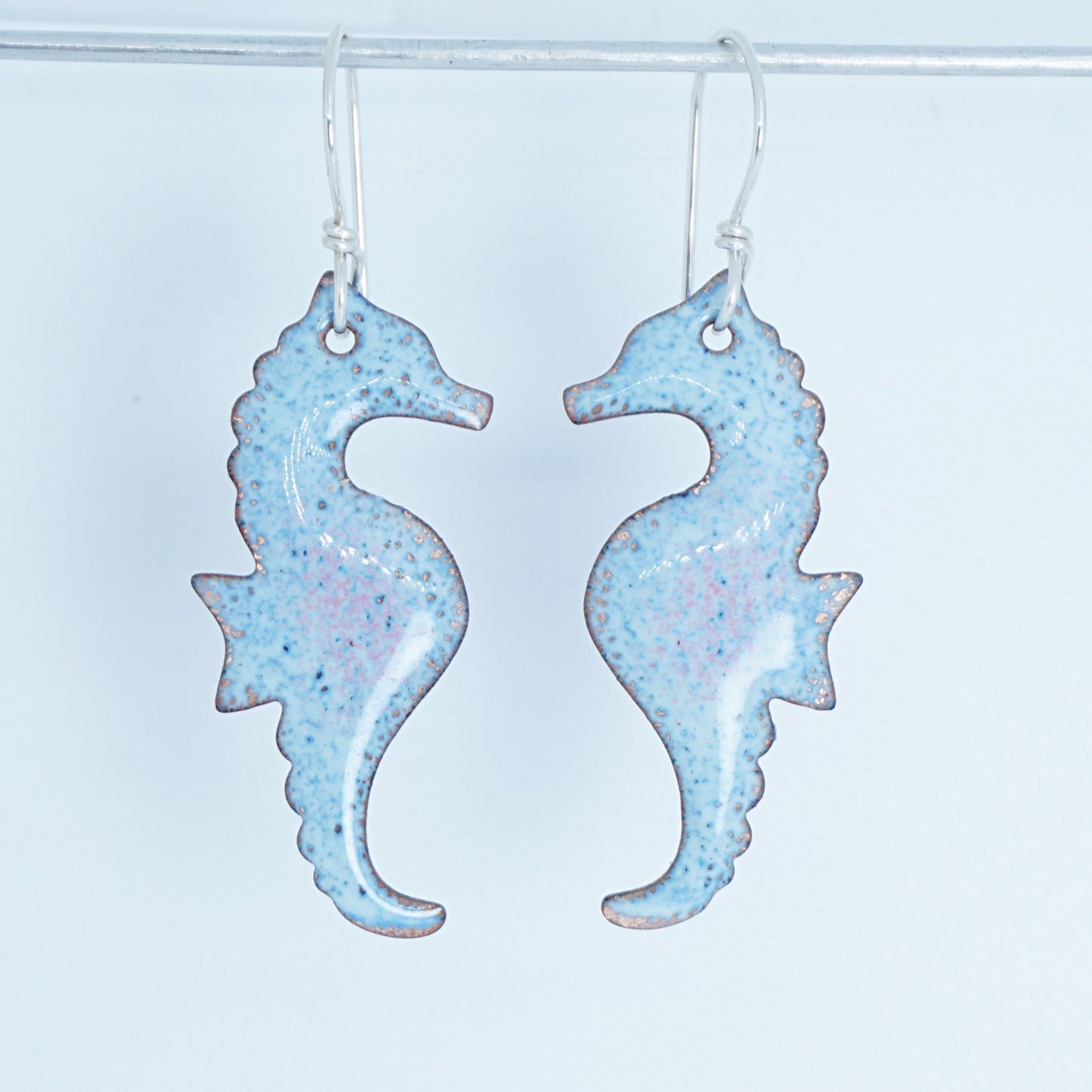 Light Seafoam Green and Blue Enamel Seahorse Statement Earrings