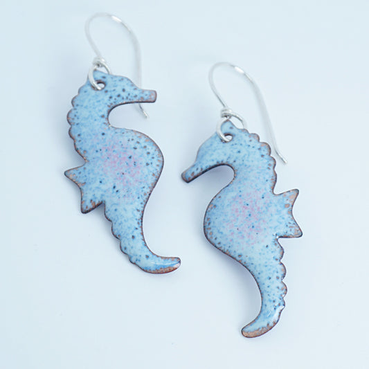 Light Seafoam Green and Blue Enamel Seahorse Statement Earrings