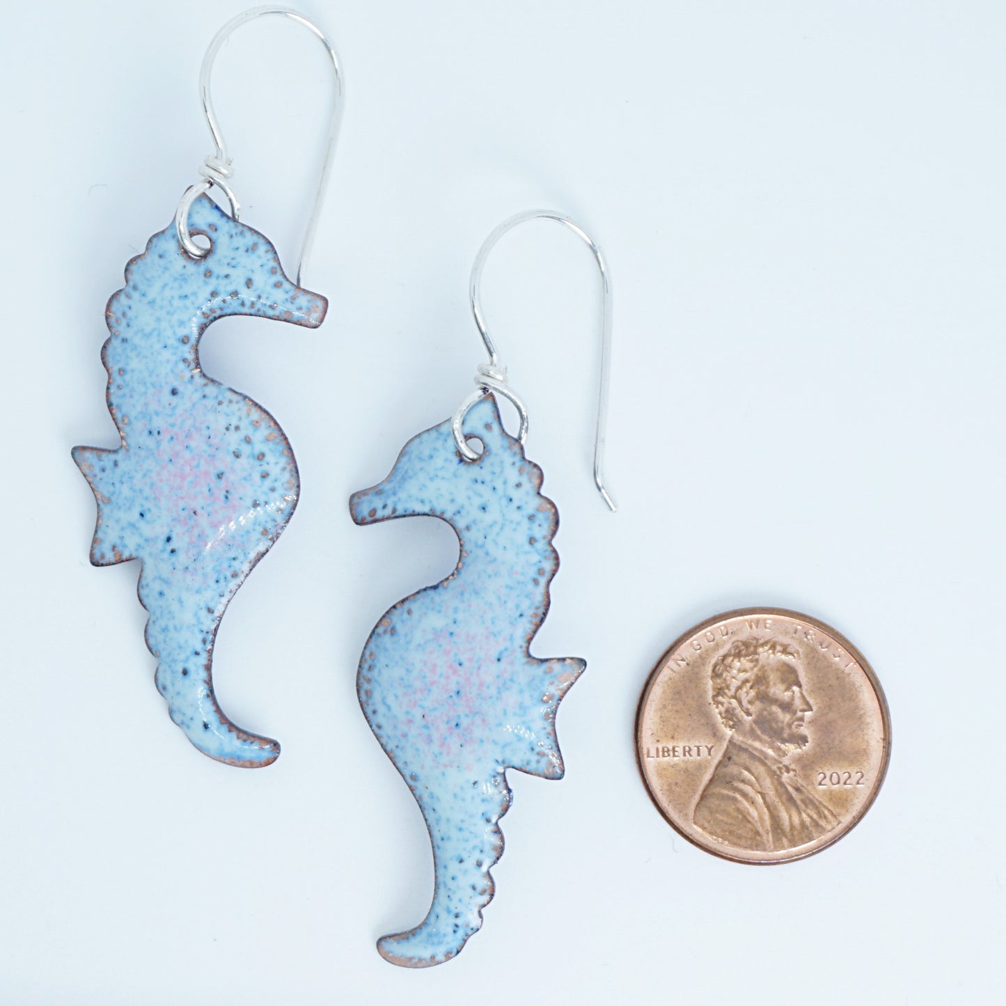 Light Seafoam Green and Blue Enamel Seahorse Statement Earrings