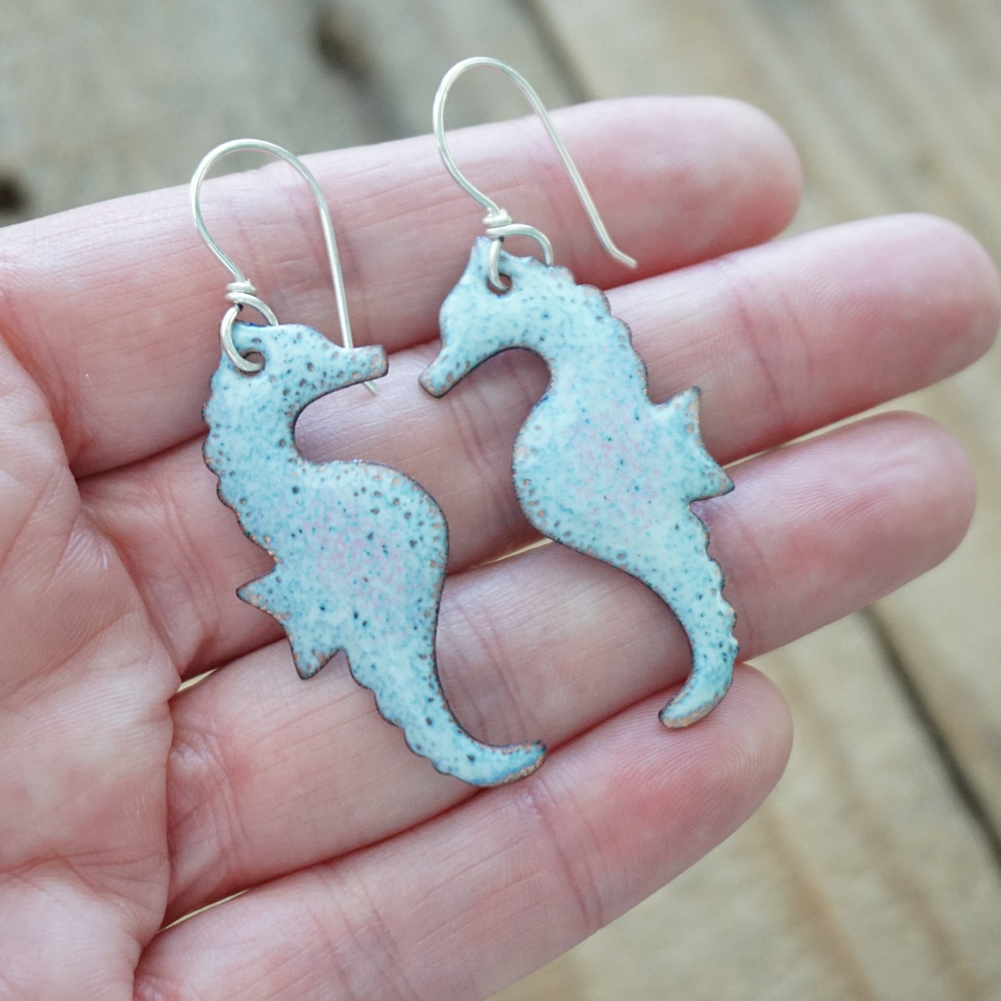 Light Seafoam Green and Blue Enamel Seahorse Statement Earrings