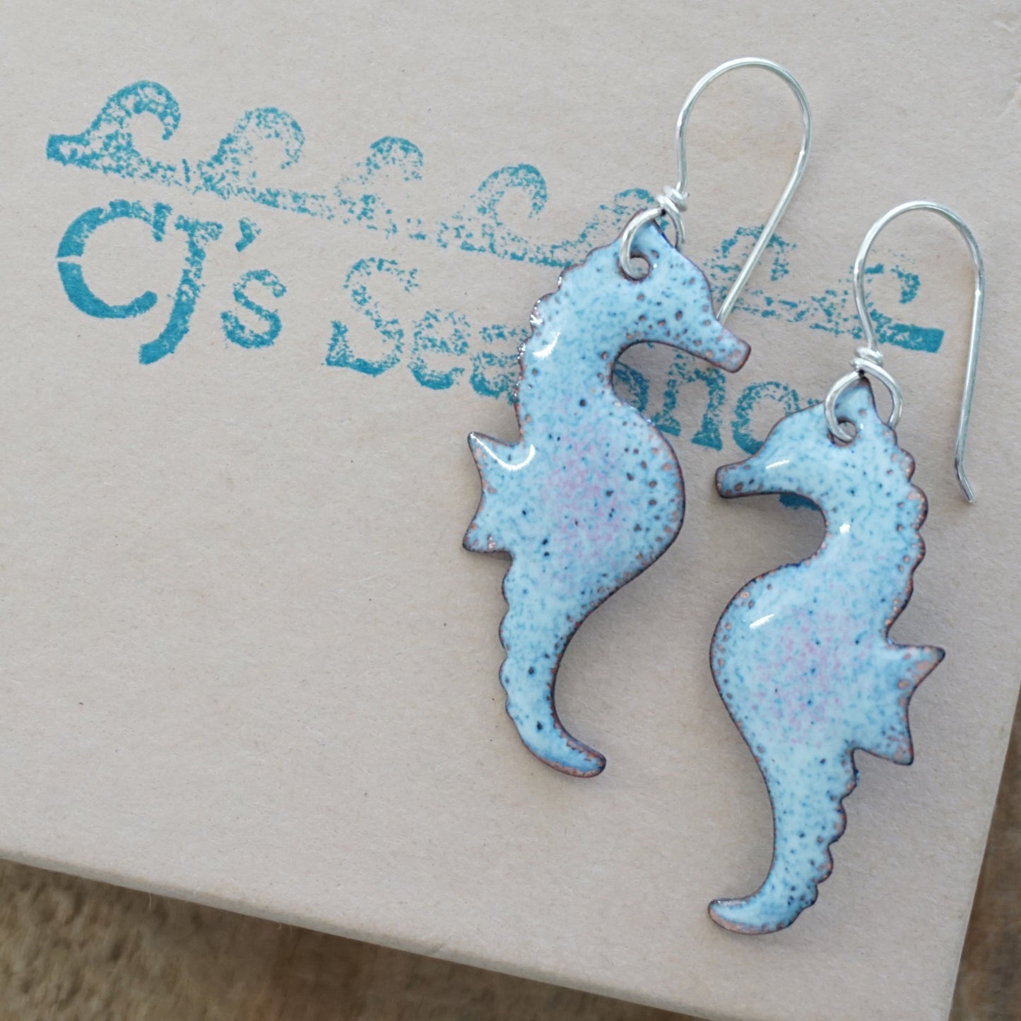 Light Seafoam Green and Blue Enamel Seahorse Statement Earrings