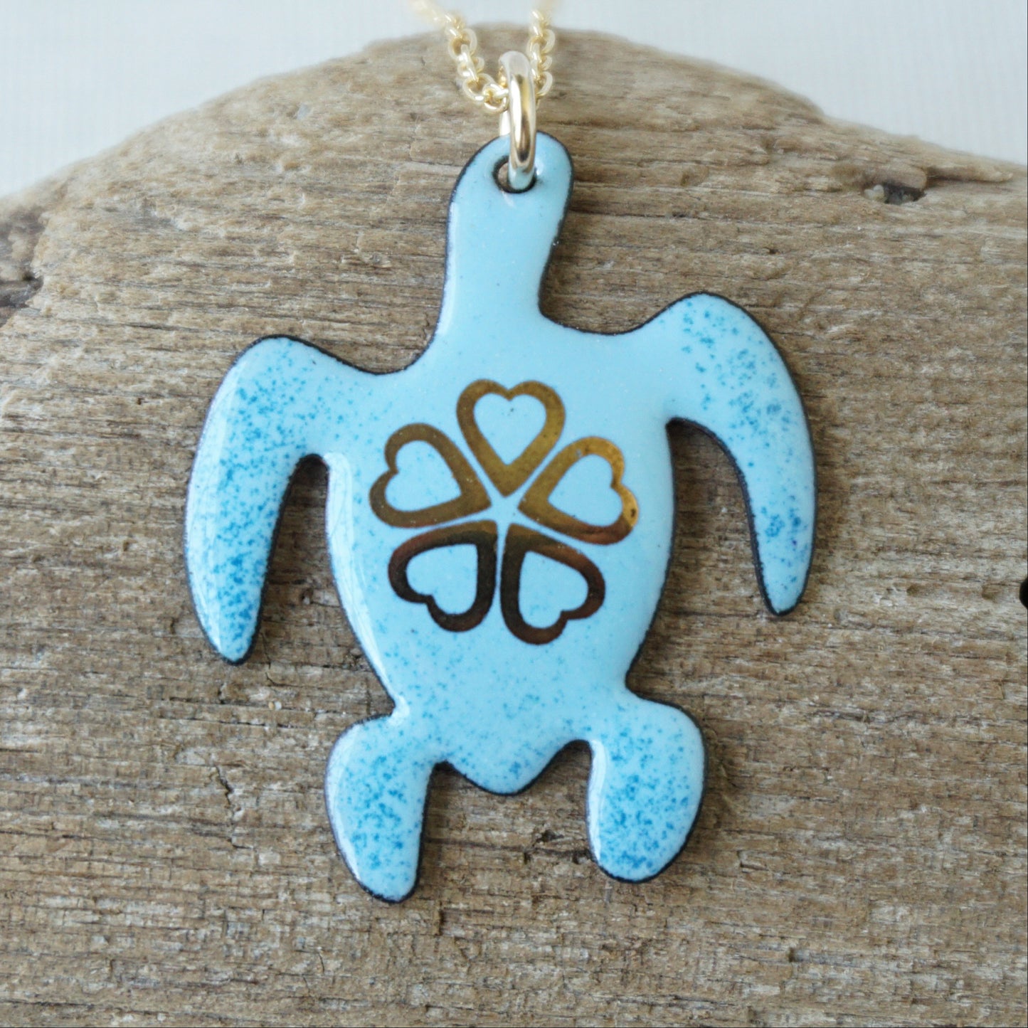 Gold Flower on Light Blue Enamel Turtle Necklace