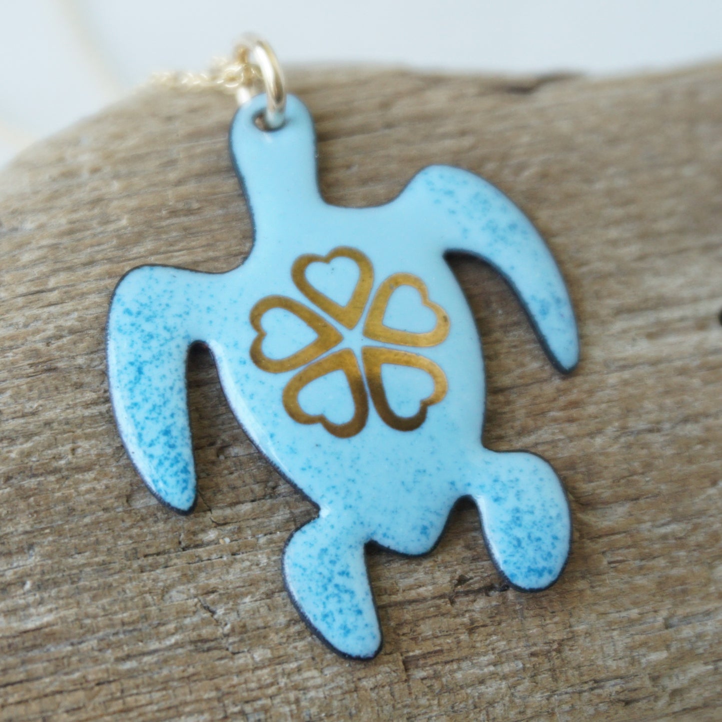Gold Flower on Light Blue Enamel Turtle Necklace