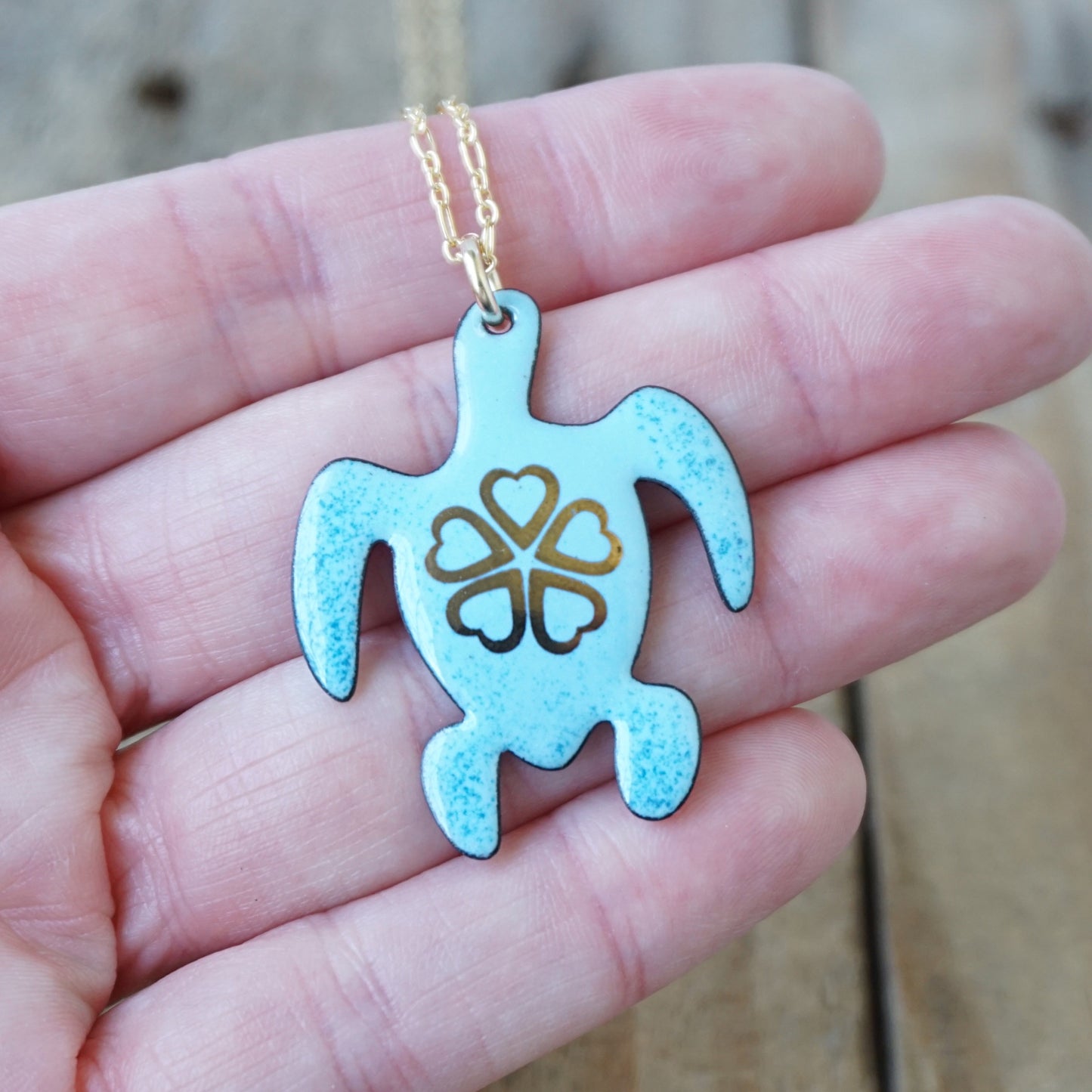 Gold Flower on Light Blue Enamel Turtle Necklace