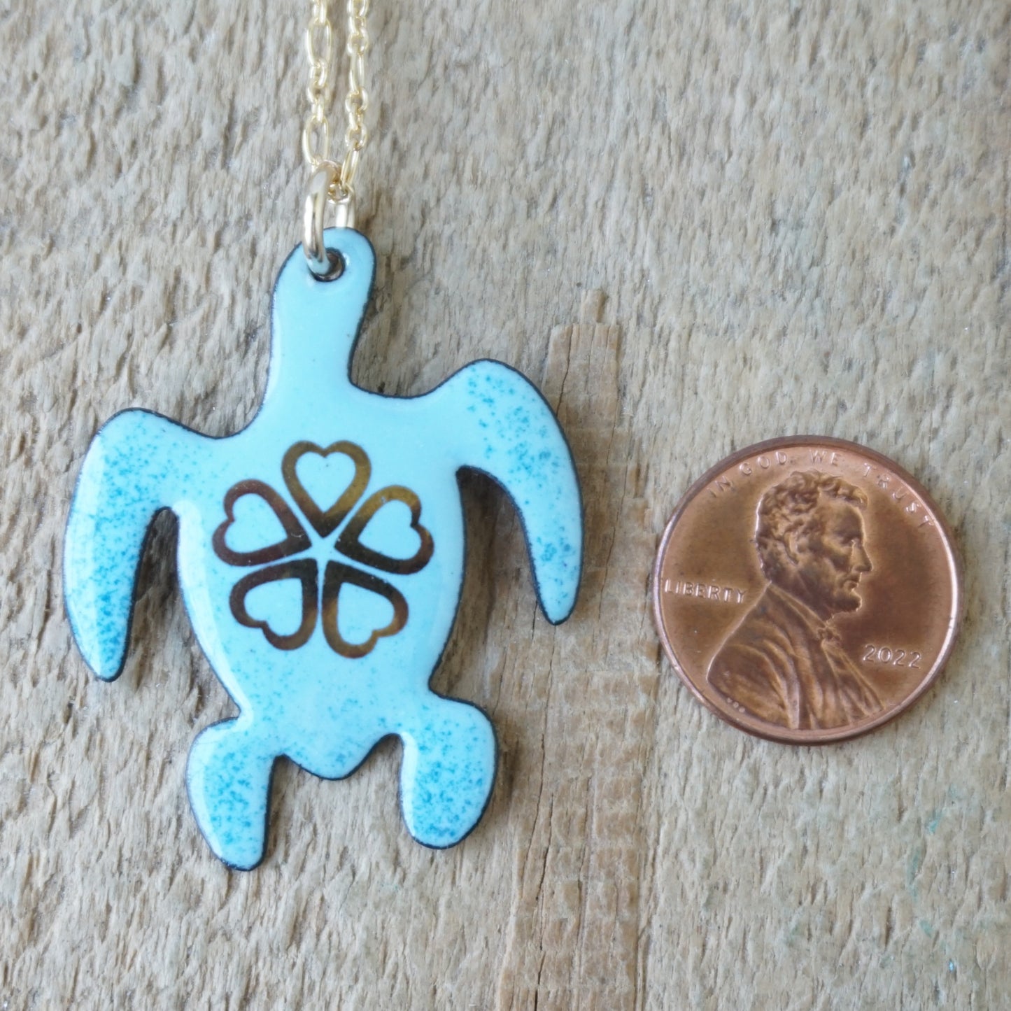 Gold Flower on Light Blue Enamel Turtle Necklace