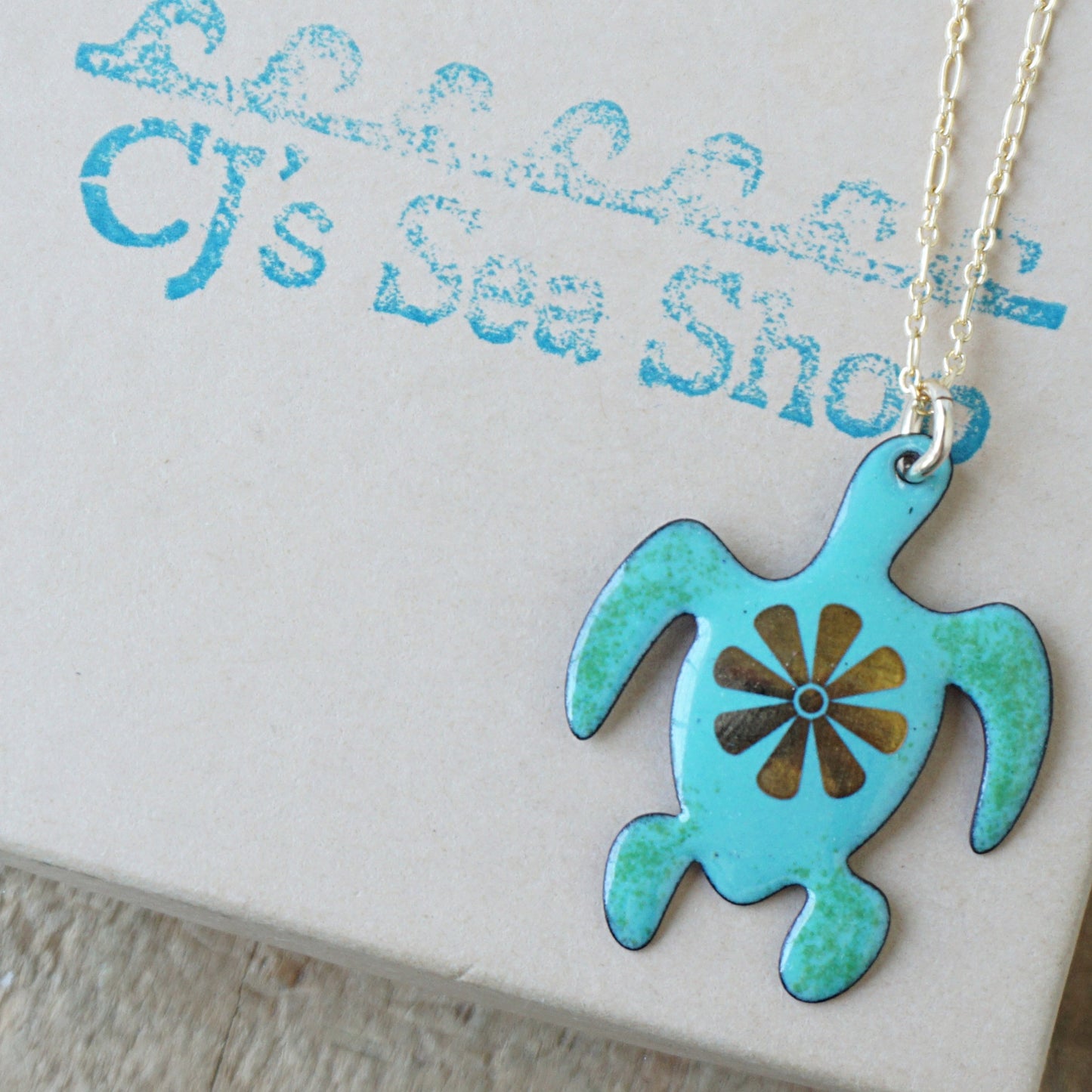 Gold Flower on Green Enamel Turtle Necklace
