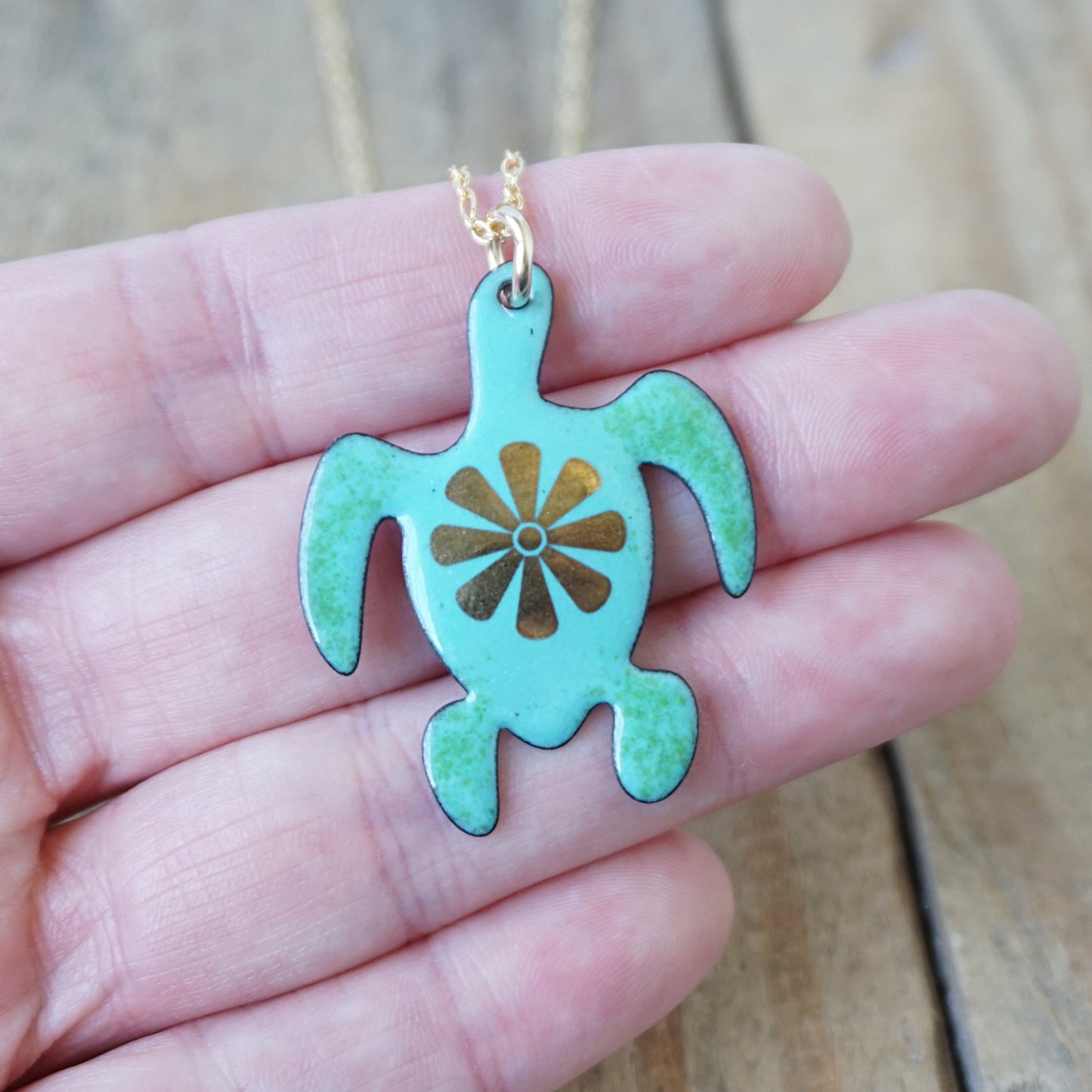 Gold Flower on Green Enamel Turtle Necklace