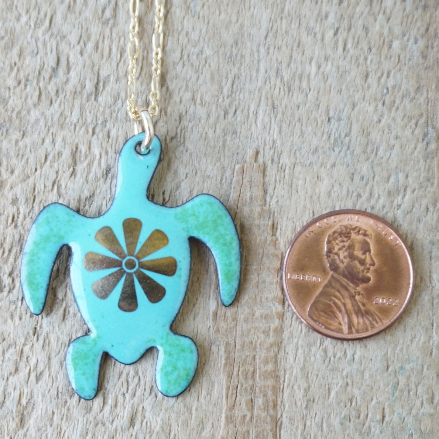 Gold Flower on Green Enamel Turtle Necklace