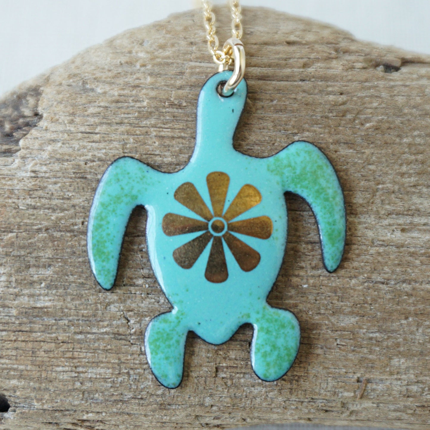 Gold Flower on Green Enamel Turtle Necklace