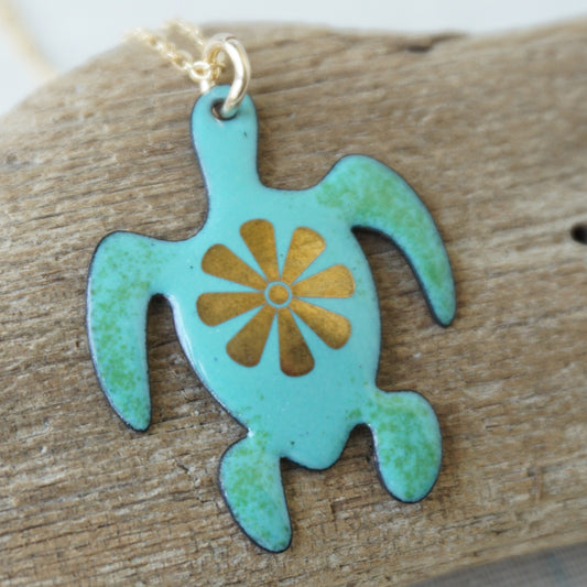 Gold Flower on Green Enamel Turtle Necklace