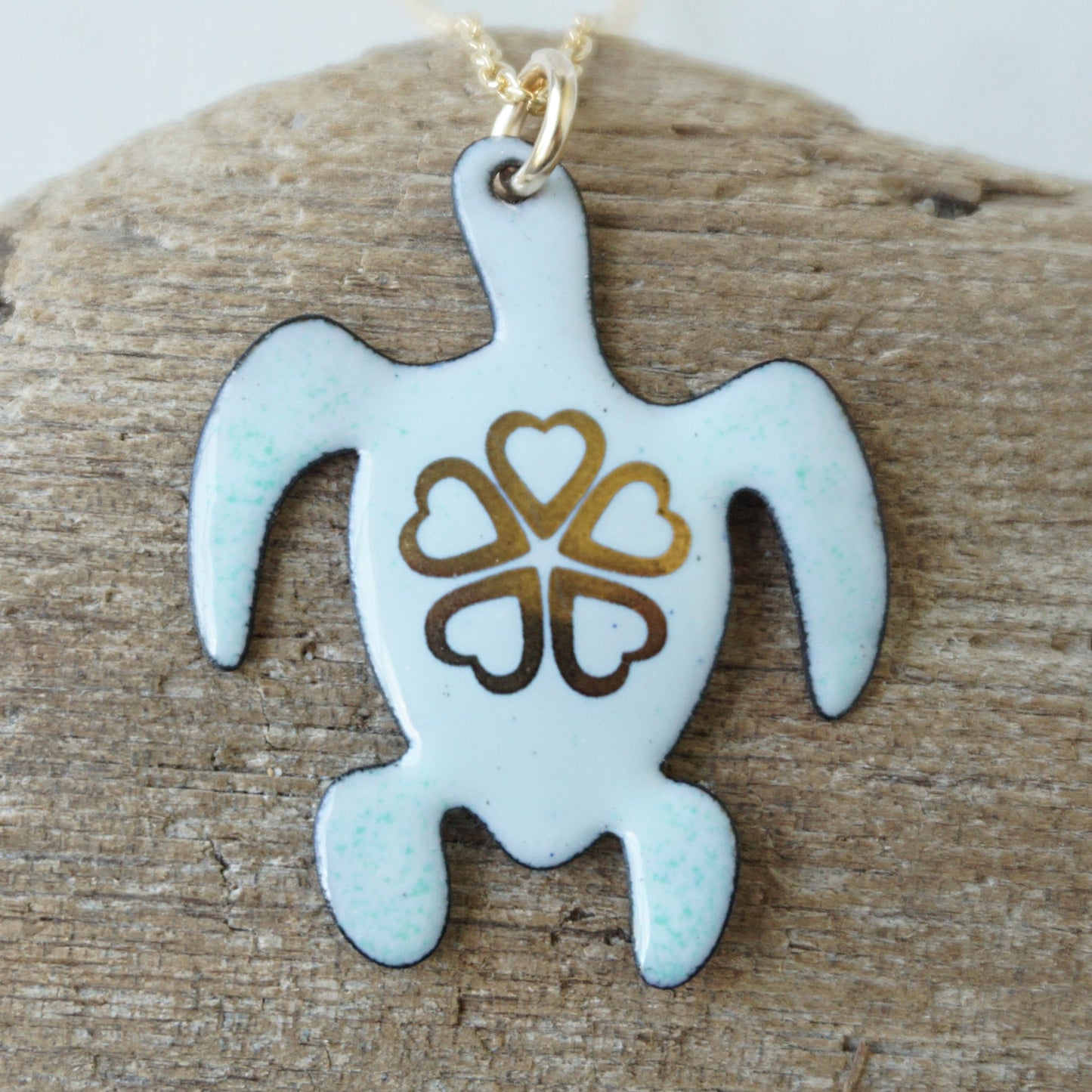 Gold Flower on Light Seafoam Green Enamel Turtle Necklace