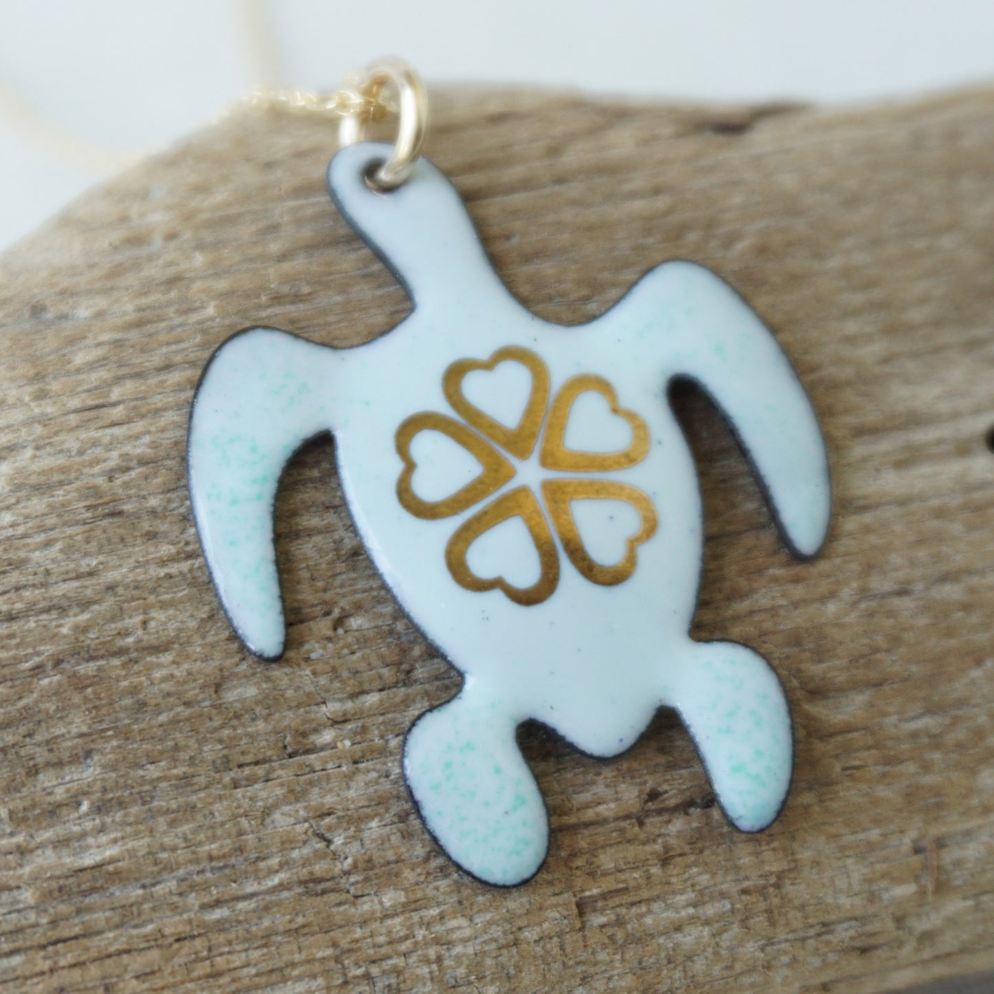 Gold Flower on Light Seafoam Green Enamel Turtle Necklace