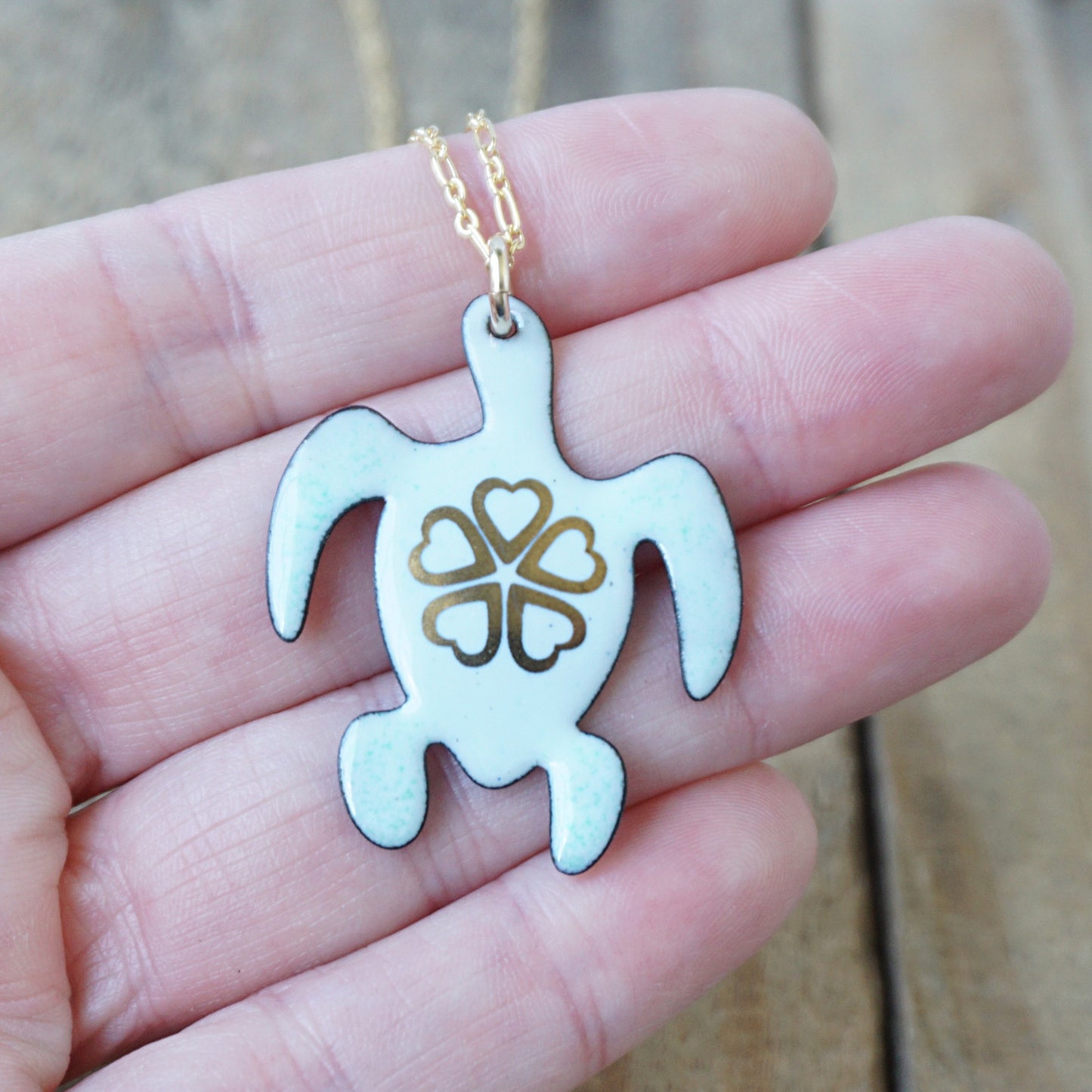 Gold Flower on Light Seafoam Green Enamel Turtle Necklace