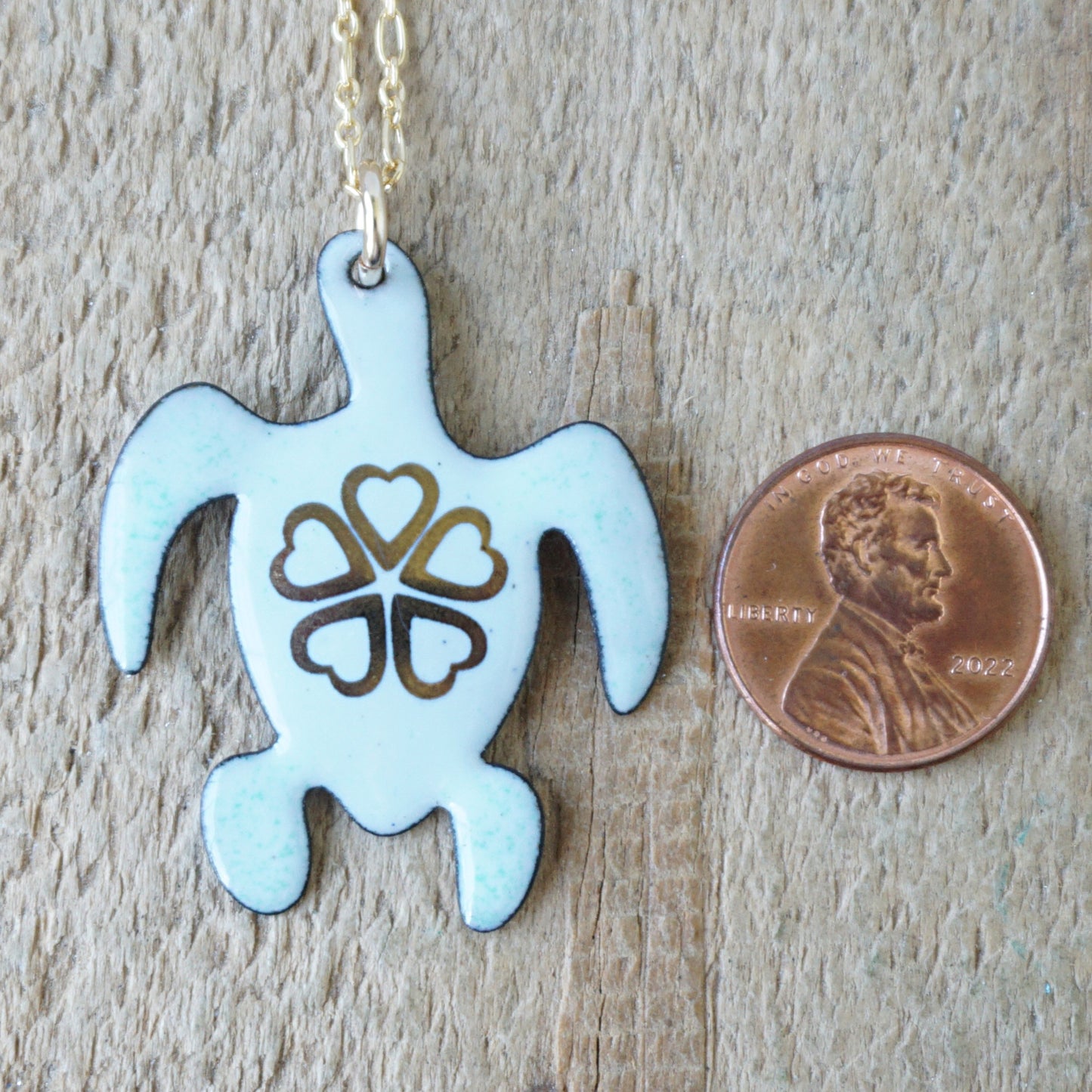 Gold Flower on Light Seafoam Green Enamel Turtle Necklace