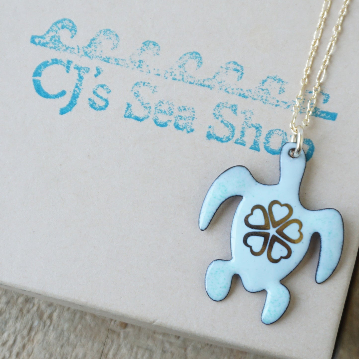 Gold Flower on Light Seafoam Green Enamel Turtle Necklace
